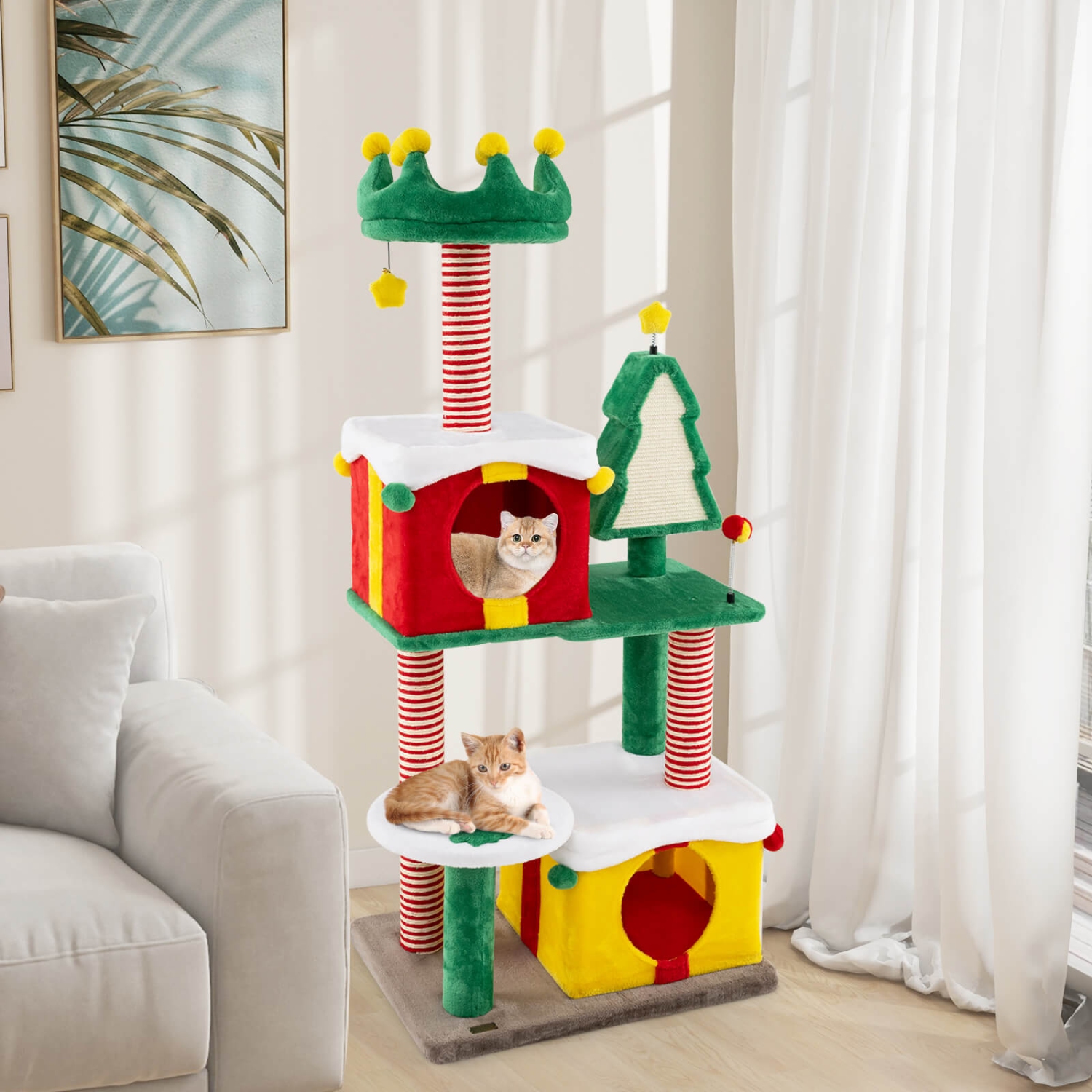 Arbre de Noël pour chats d'intérieur avec poteaux à gratter en sisal de Costway, perche en peluche pour tapis