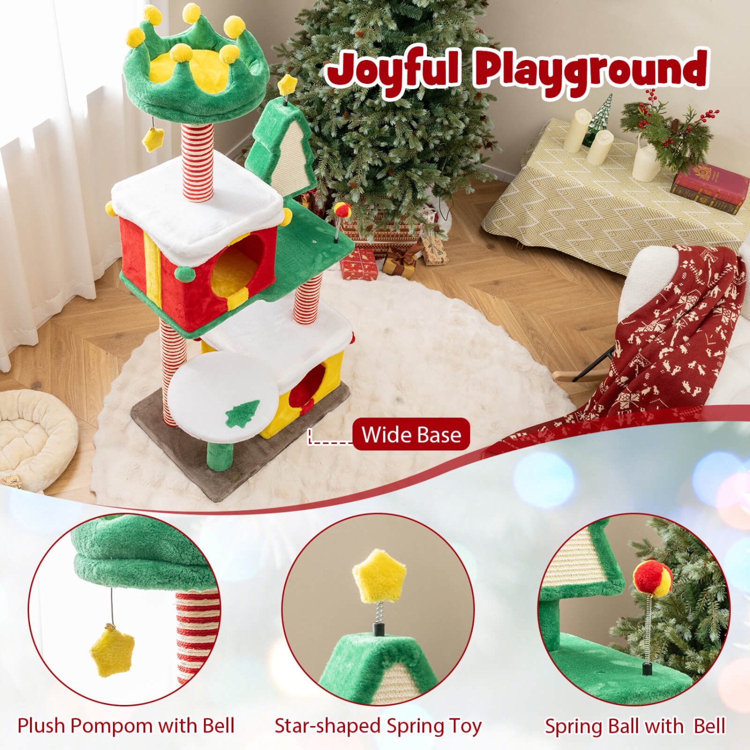 Arbre de Noël pour chats d'intérieur avec poteaux à gratter en sisal de Costway, perche en peluche pour tapis