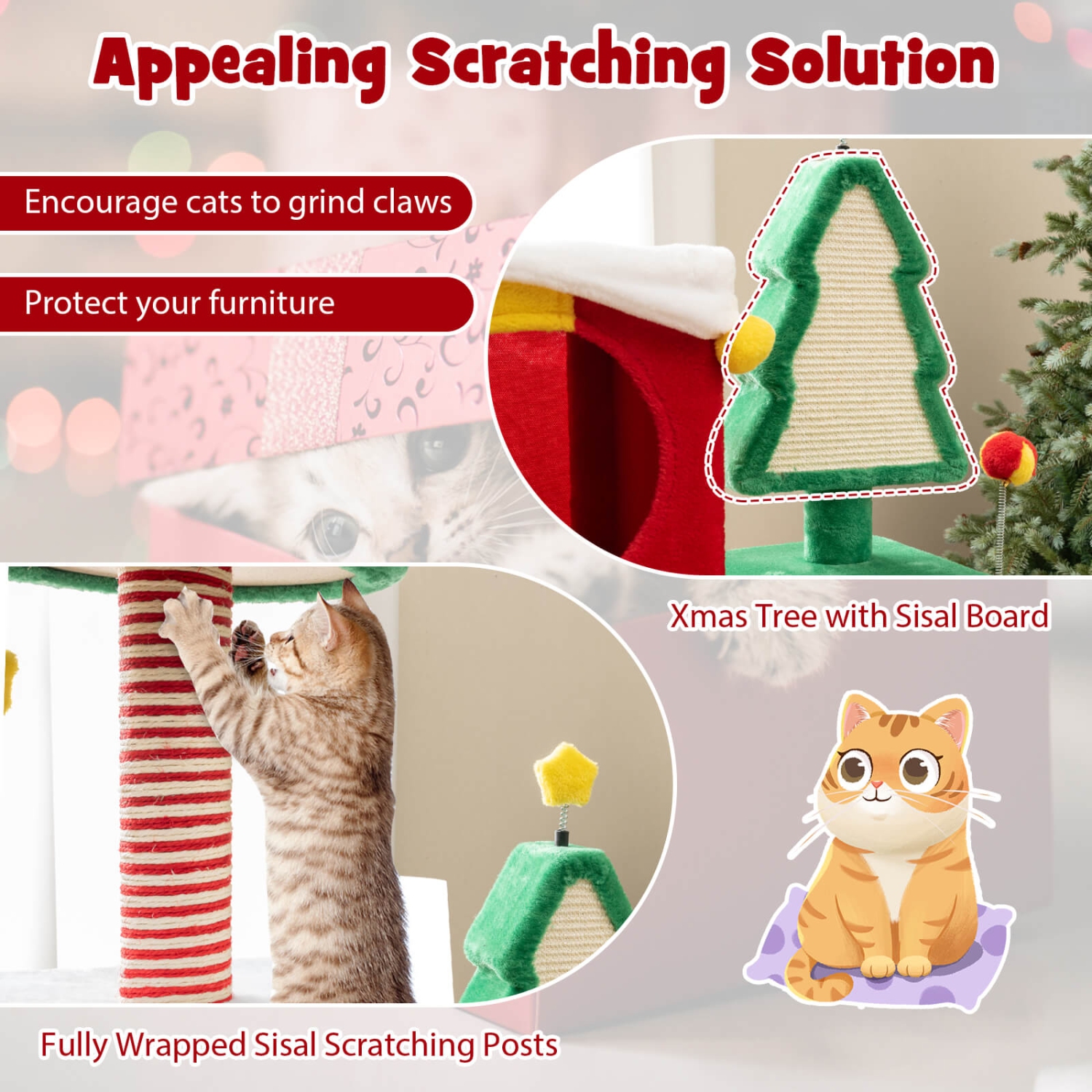 Arbre de Noël pour chats d'intérieur avec poteaux à gratter en sisal de Costway, perche en peluche pour tapis