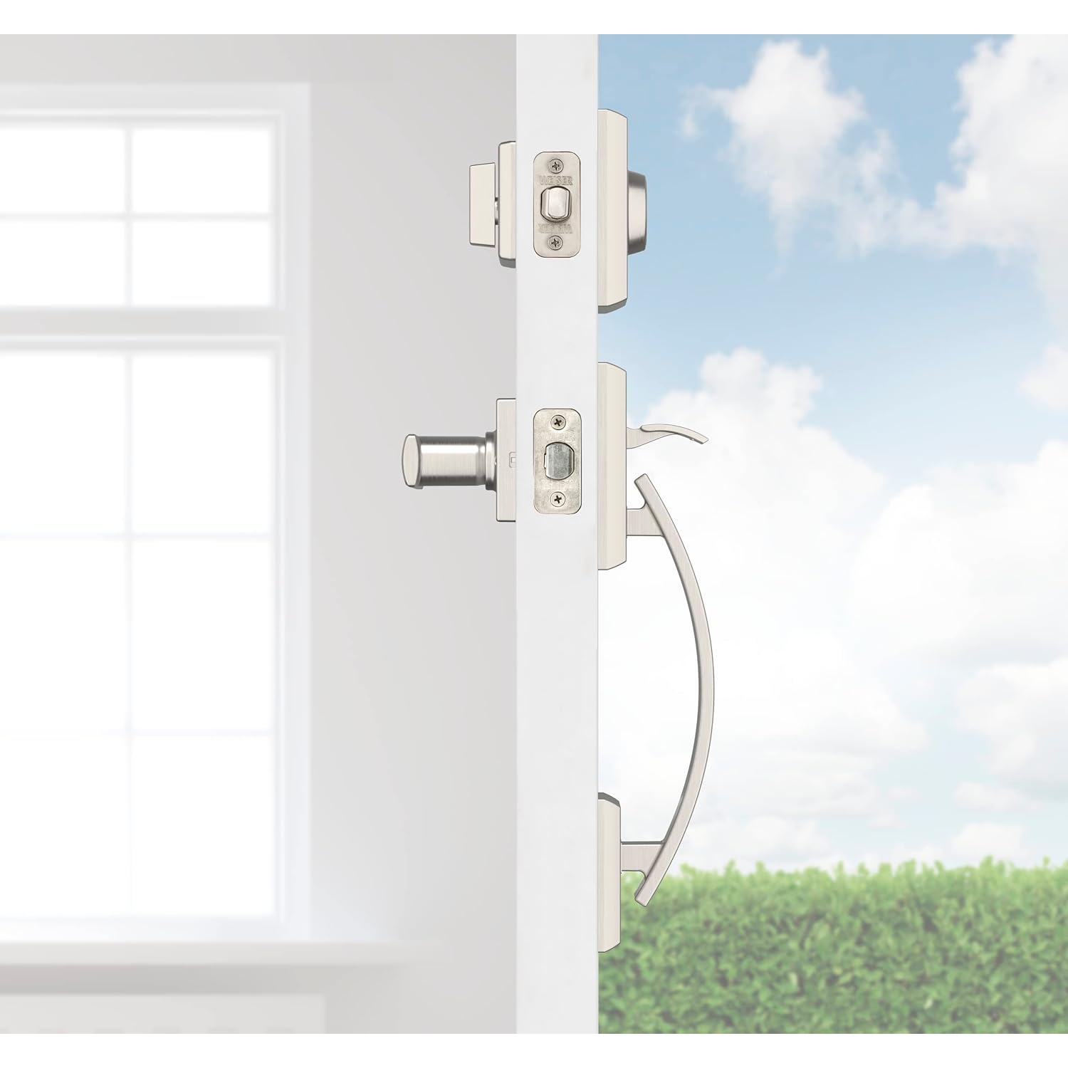 Serrure de porte avant et poignée Weiser, serrure à pêne dormant Tavaris et poignée avec poignée de porte intérieure réversible en breton