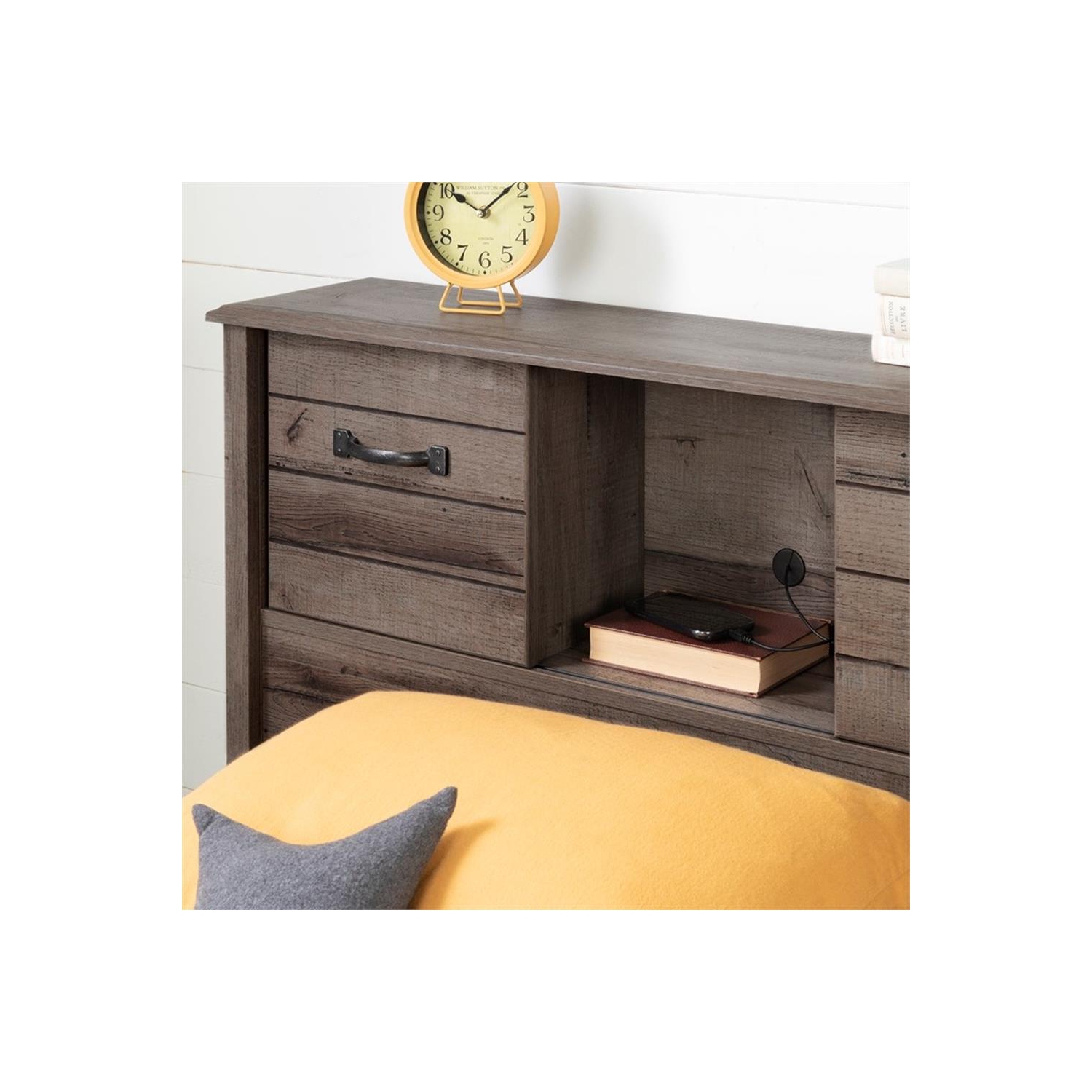 South Shore – Ensemble lit avec rangement et tête de lit bibliothèque, fini chêne d'automne