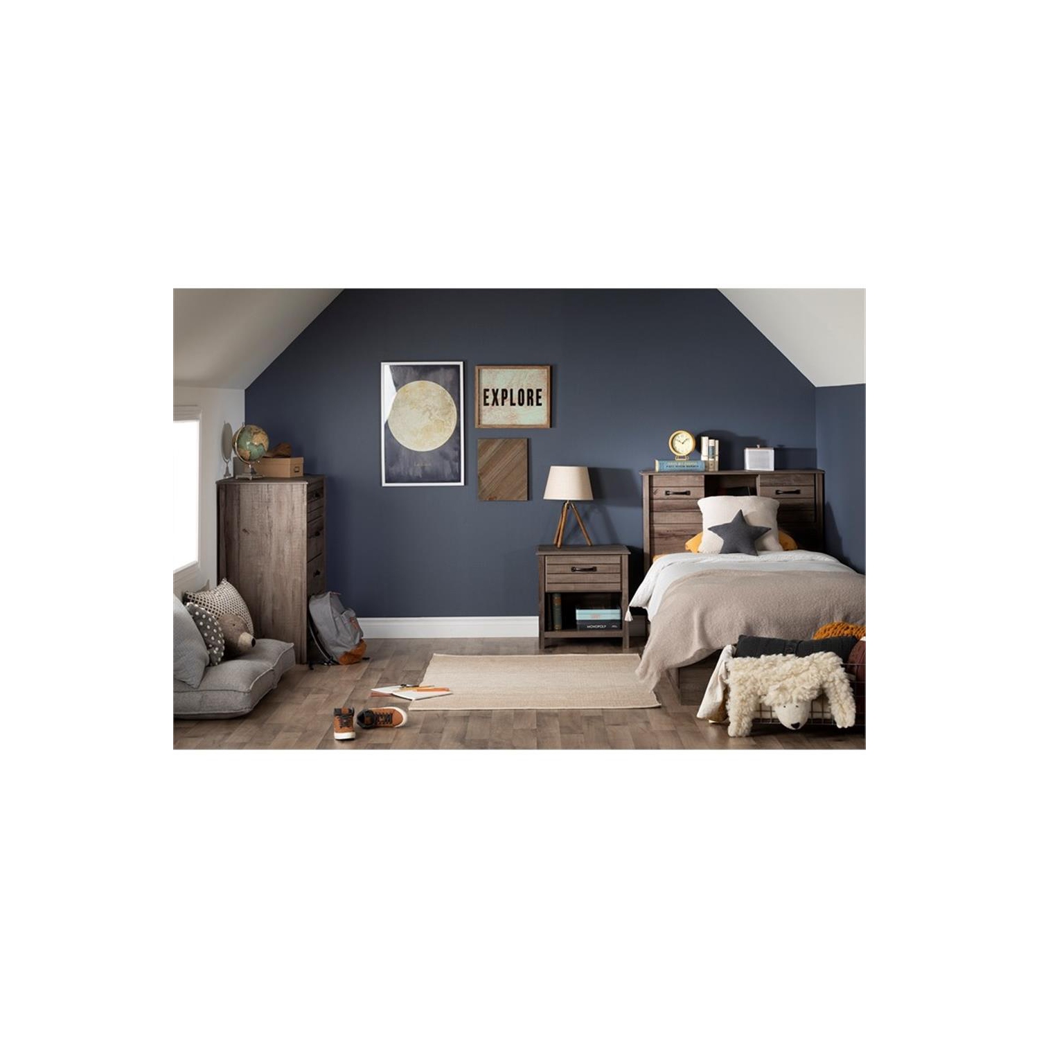 South Shore – Ensemble lit avec rangement et tête de lit bibliothèque, fini chêne d'automne