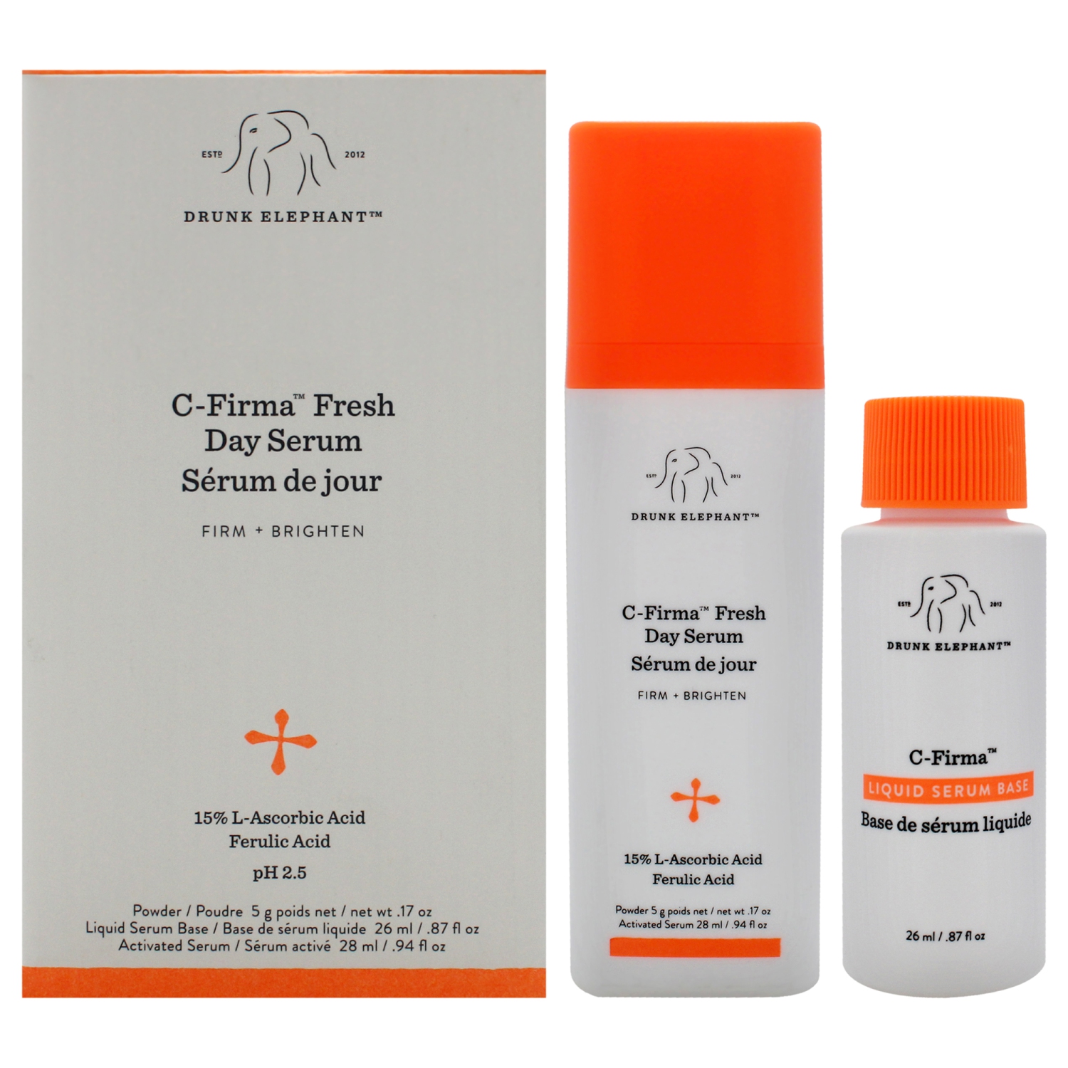 C-Firma Fresh Day Serum by Drunk Elephant for Women - 2 Pc 1.11oz Day Serum, 0.87oz Liquid Serum Base