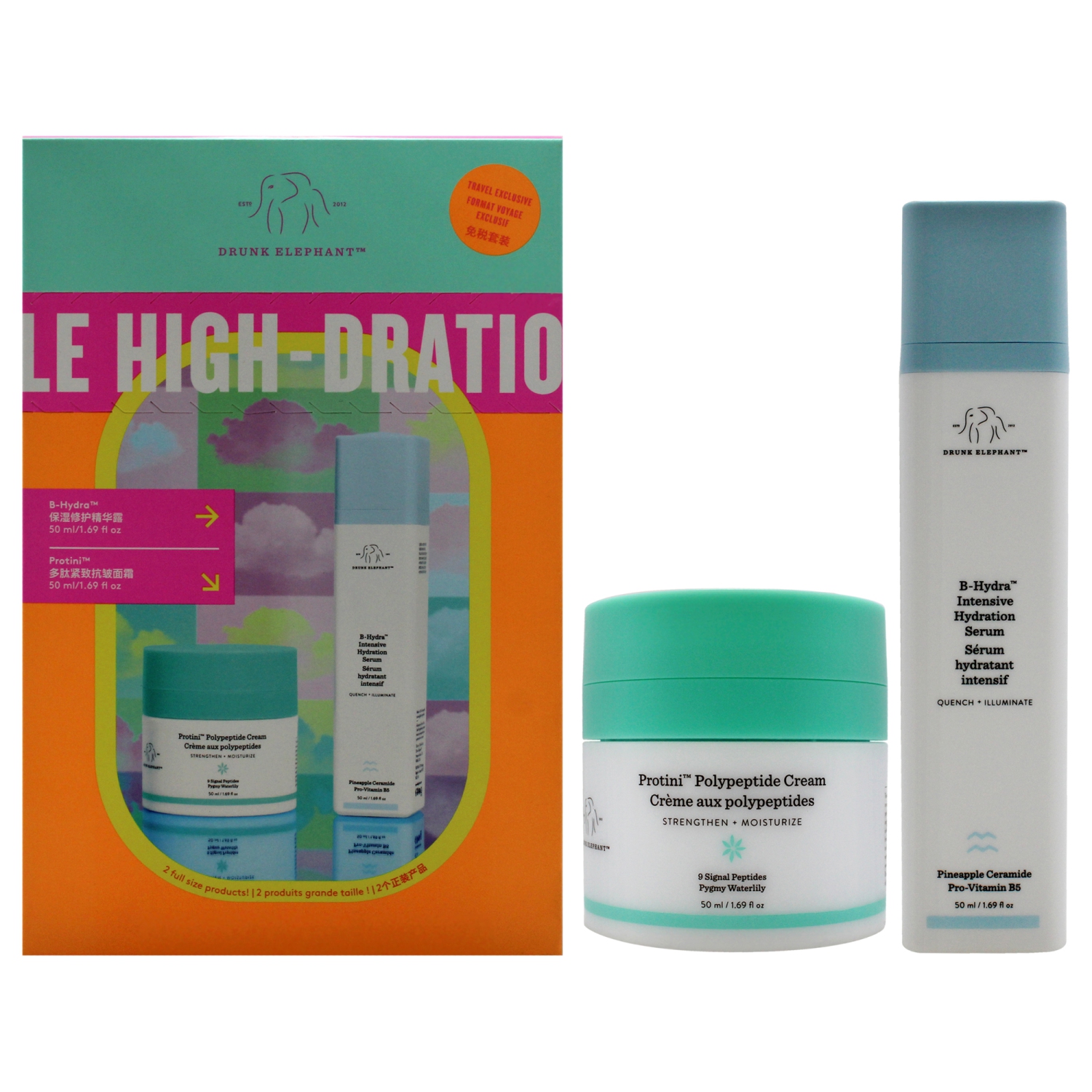 The Mile High-Dration Club by Drunk Elephant for Women - 2 Pc 1.69oz Protini Polypeptide Cream, 1.69oz B-Hydra Intensive Hydration Serum