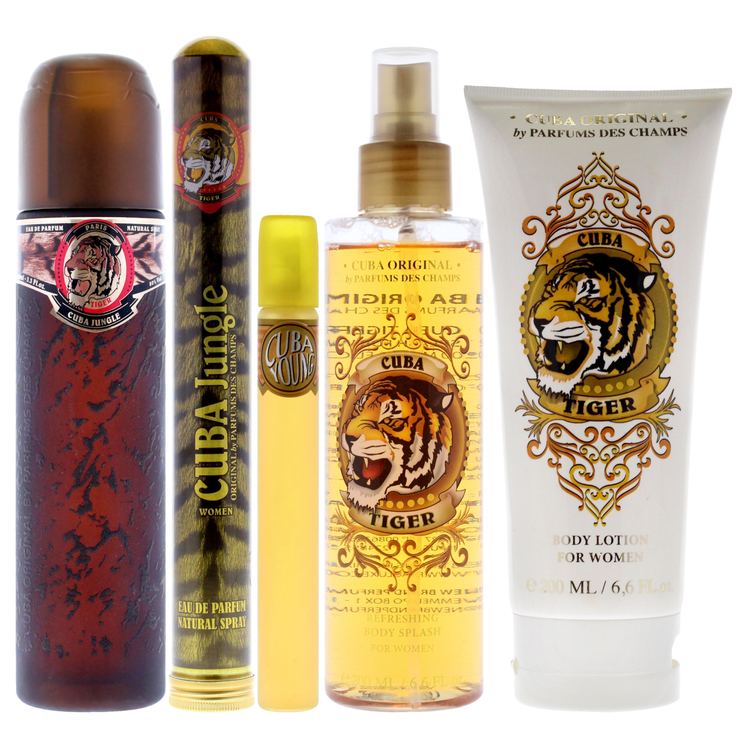 Cuba Must Have Tiger by Cuba for Women - 5 Pc Gift Set 3.3oz EDP Spray, 1.17oz EDP Spray, 0.5oz EDP Spray, 6.6oz Body Lotion, 6.6oz Body Splash