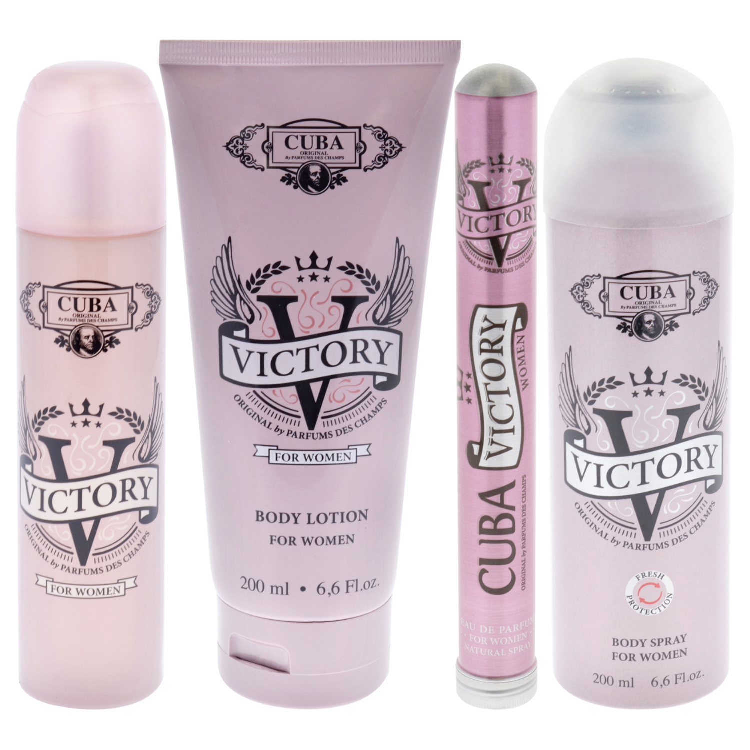 Cuba Victory by Cuba for Women - 4 Pc Gift Set 3.3oz EDP Spray, 1.17oz EDP Spray, 6.6oz Body Spray, 6.6oz Body Lotion