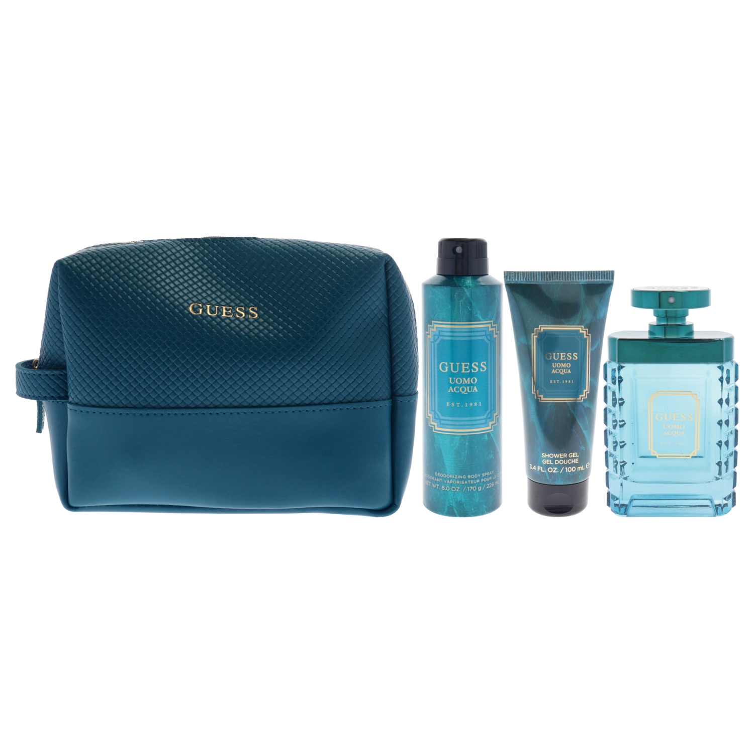 Guess Uomo Acqua by Guess for Men - 4 Pc Gift Set 3.4oz EDT Spray, 6oz Deodorizing Body Spray, 3.4oz Shower Gel, Pouch