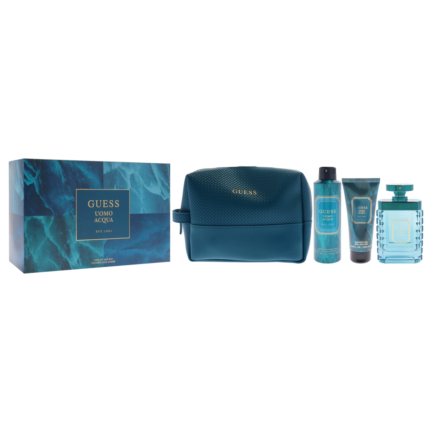 Guess Uomo Acqua by Guess for Men - 4 Pc Gift Set 3.4oz EDT Spray, 6oz Deodorizing Body Spray, 3.4oz Shower Gel, Pouch