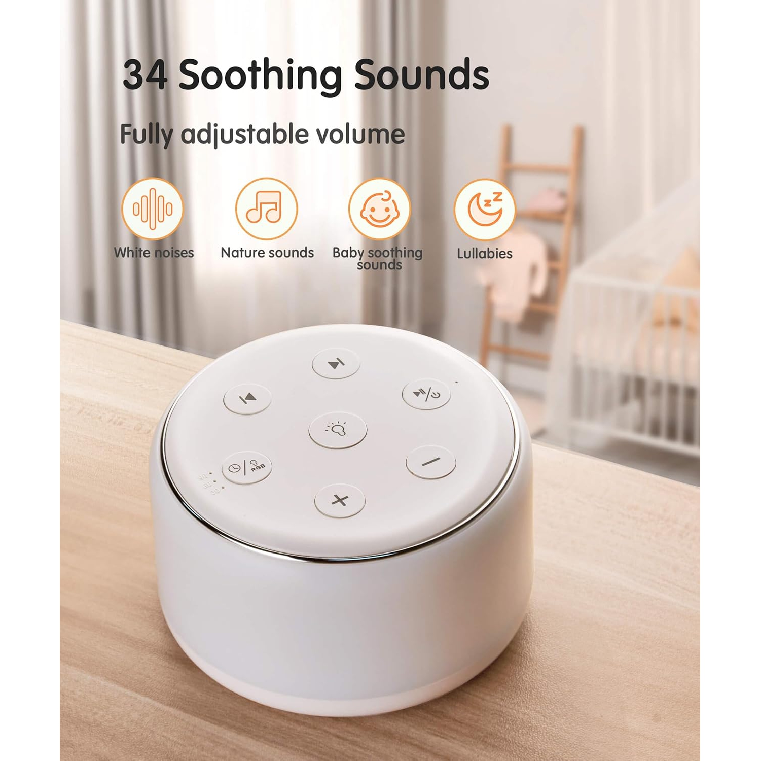 Sound Machine White Noise Baby for Sleeping with Night Light, 34 Soothing Sounds, Rechargeable White Noise Machine for Baby Kids Adults