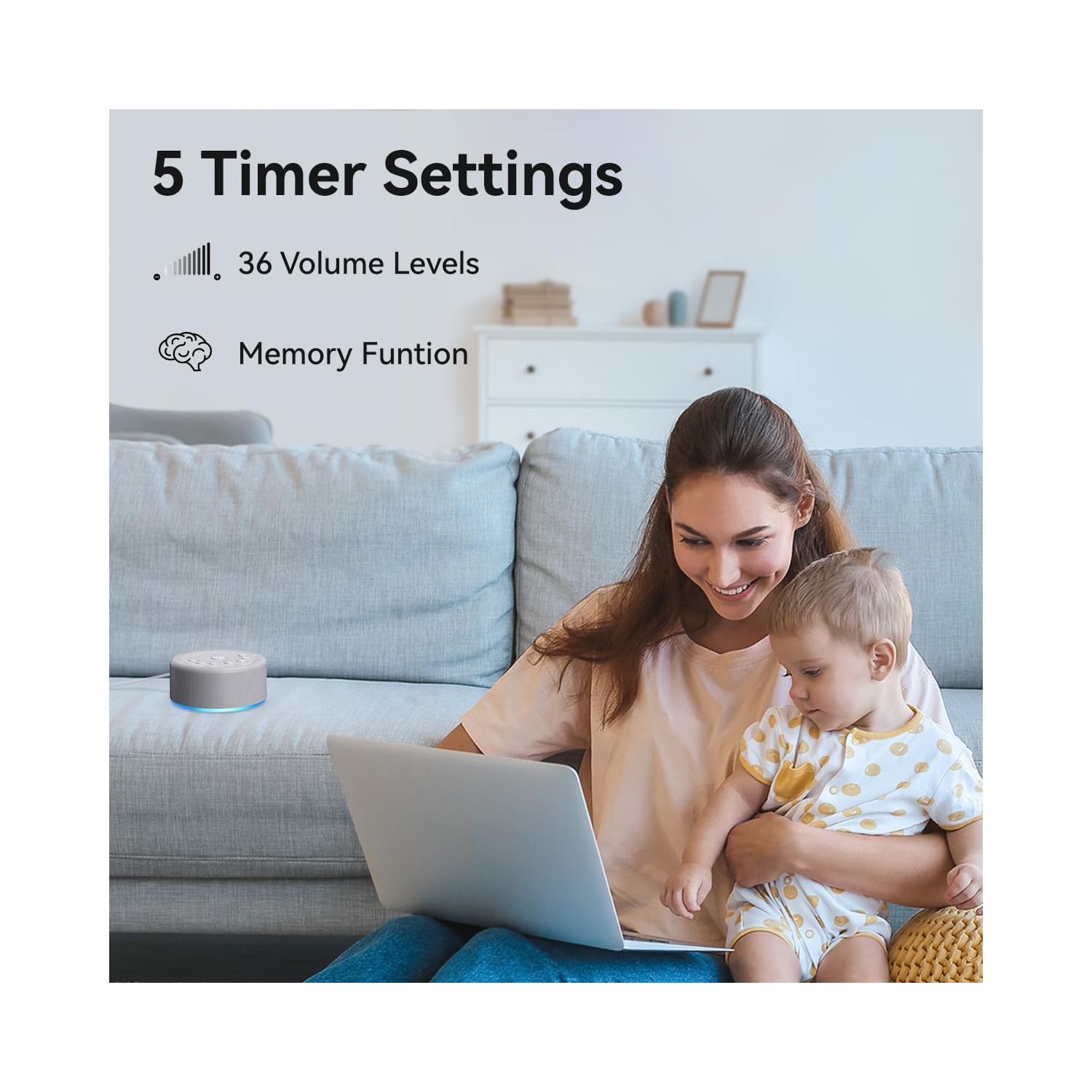 Sleep Sound Machine Machine à bruit blanc 30 Sons non en boucle 36 Volume réglable Mémoire Fonction Bruit brun Machine pour bébé Enfants Adulte,Gris