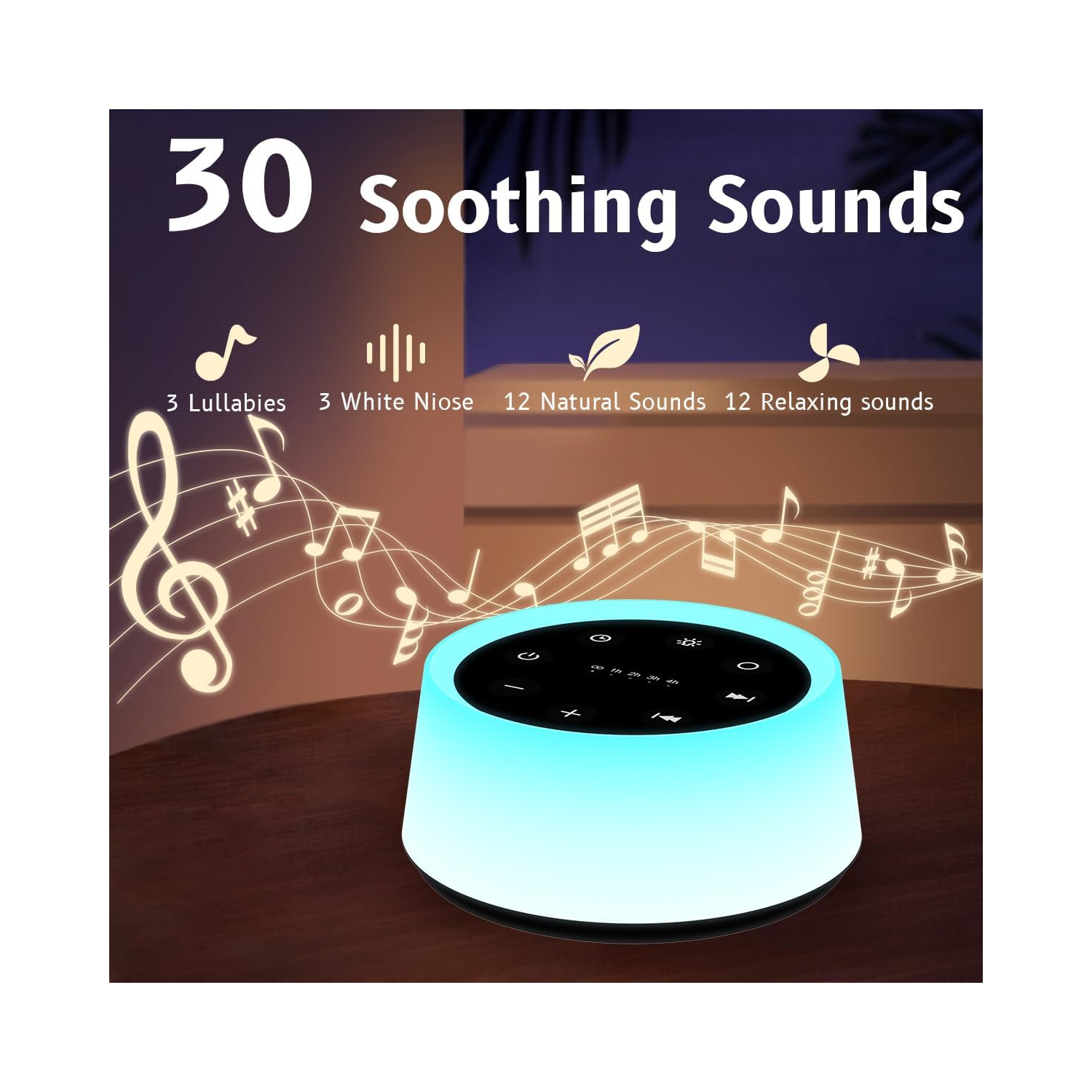 Noise Sound Machine and White Noise Machine with 30 Soothing Sounds with 12 Colors Baby Night Light