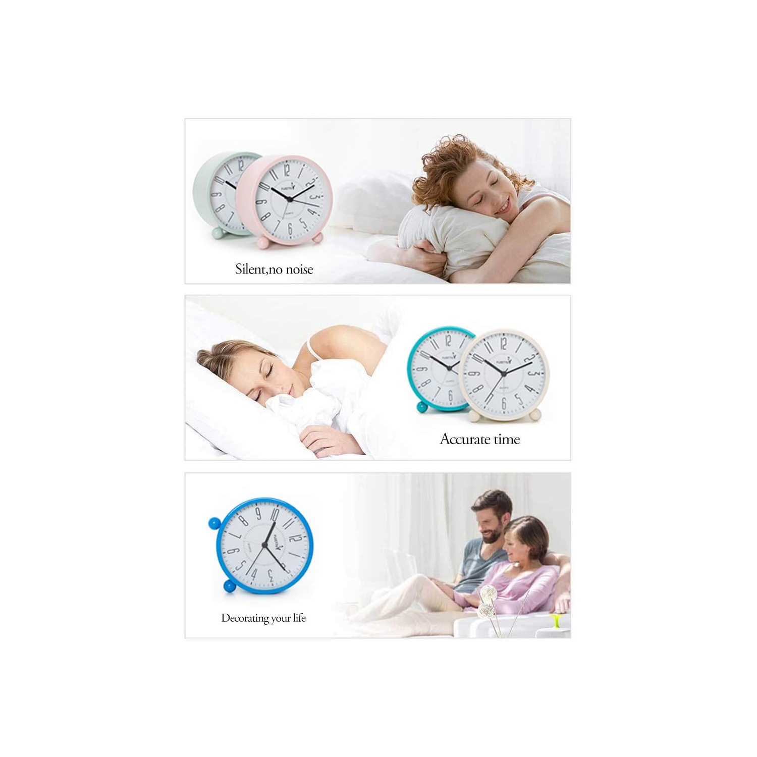 Réveil super silencieux, Réveil-matin rond avec veilleuse, Fonctionnement à piles, Simple et rétro pour bureau, chambre à coucher, blanc crémeux
