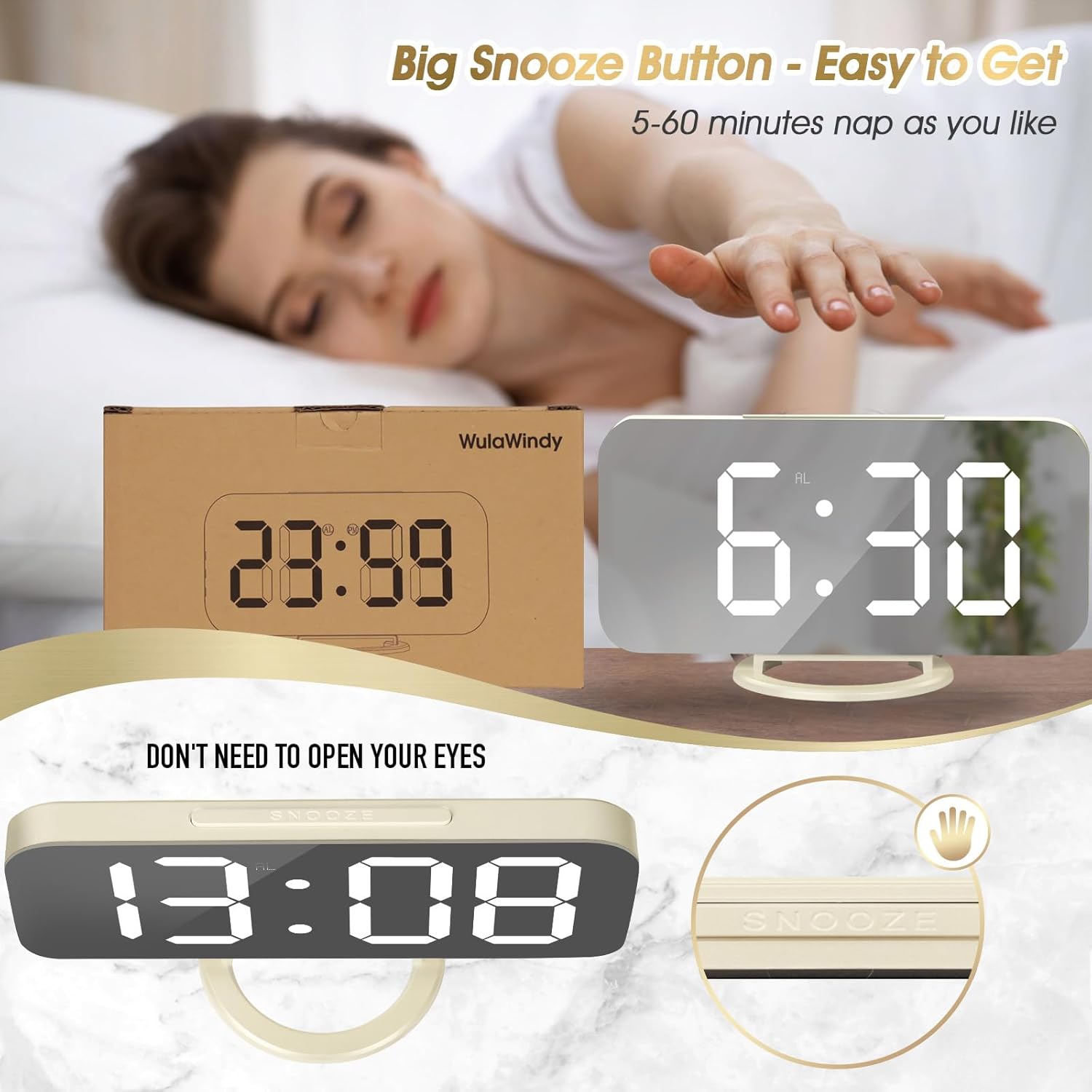 Digital Alarm Clock with USB Charger,Large LED Display, Snooze Function Dim Mode Wall Hanging Beside Desk Clock for Bedroom,Pearl