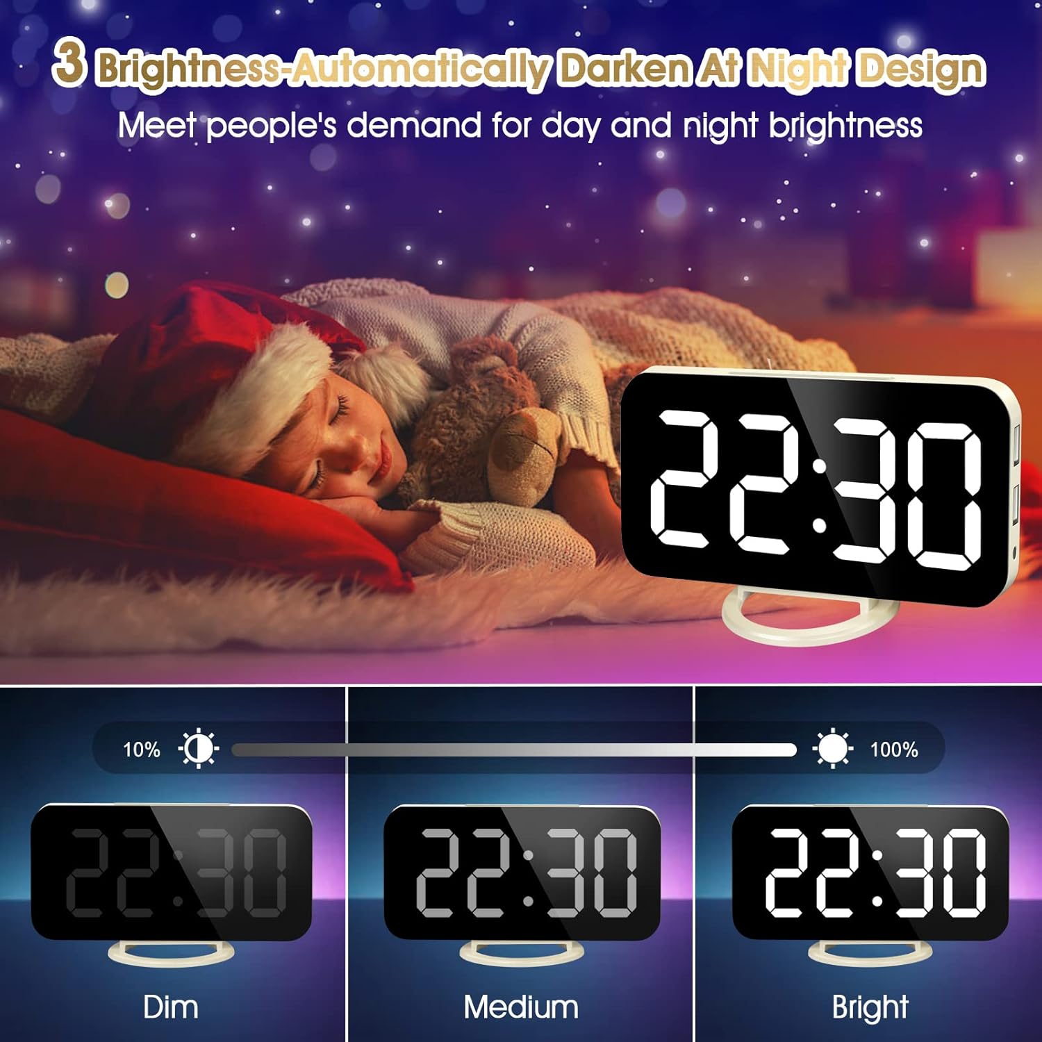Digital Alarm Clock with USB Charger,Large LED Display, Snooze Function Dim Mode Wall Hanging Beside Desk Clock for Bedroom,Pearl