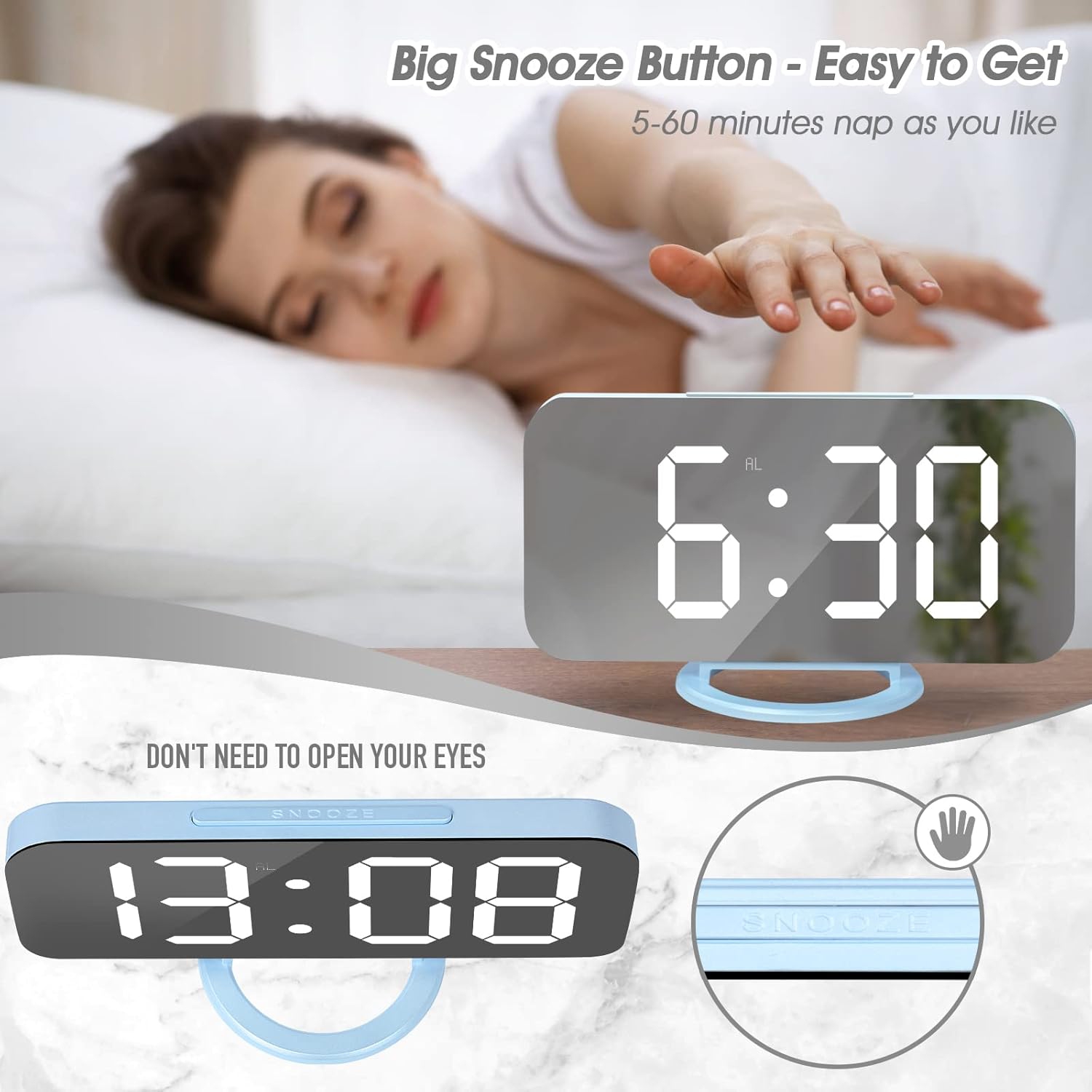 Digital Alarm Clock with USB Charger,Large LED Display, Snooze Function Dim Mode Wall Hanging Beside Desk Clock for Bedroom,Sky Blue