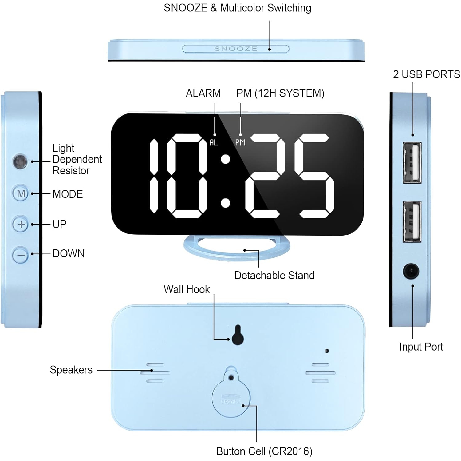 Digital Alarm Clock with USB Charger,Large LED Display, Snooze Function Dim Mode Wall Hanging Beside Desk Clock for Bedroom,Sky Blue