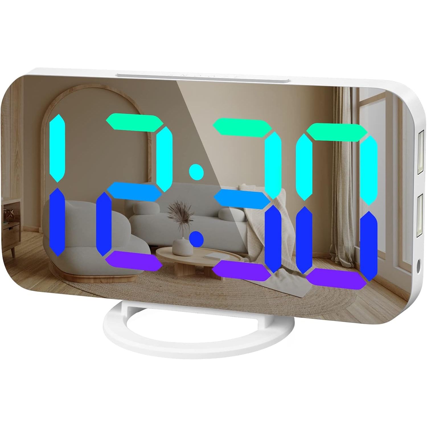 Digital Alarm Clock with USB Charger,Large LED Display, Snooze Function Dim Mode Wall Hanging Beside Desk Clock for Bedroom,Rgb-white