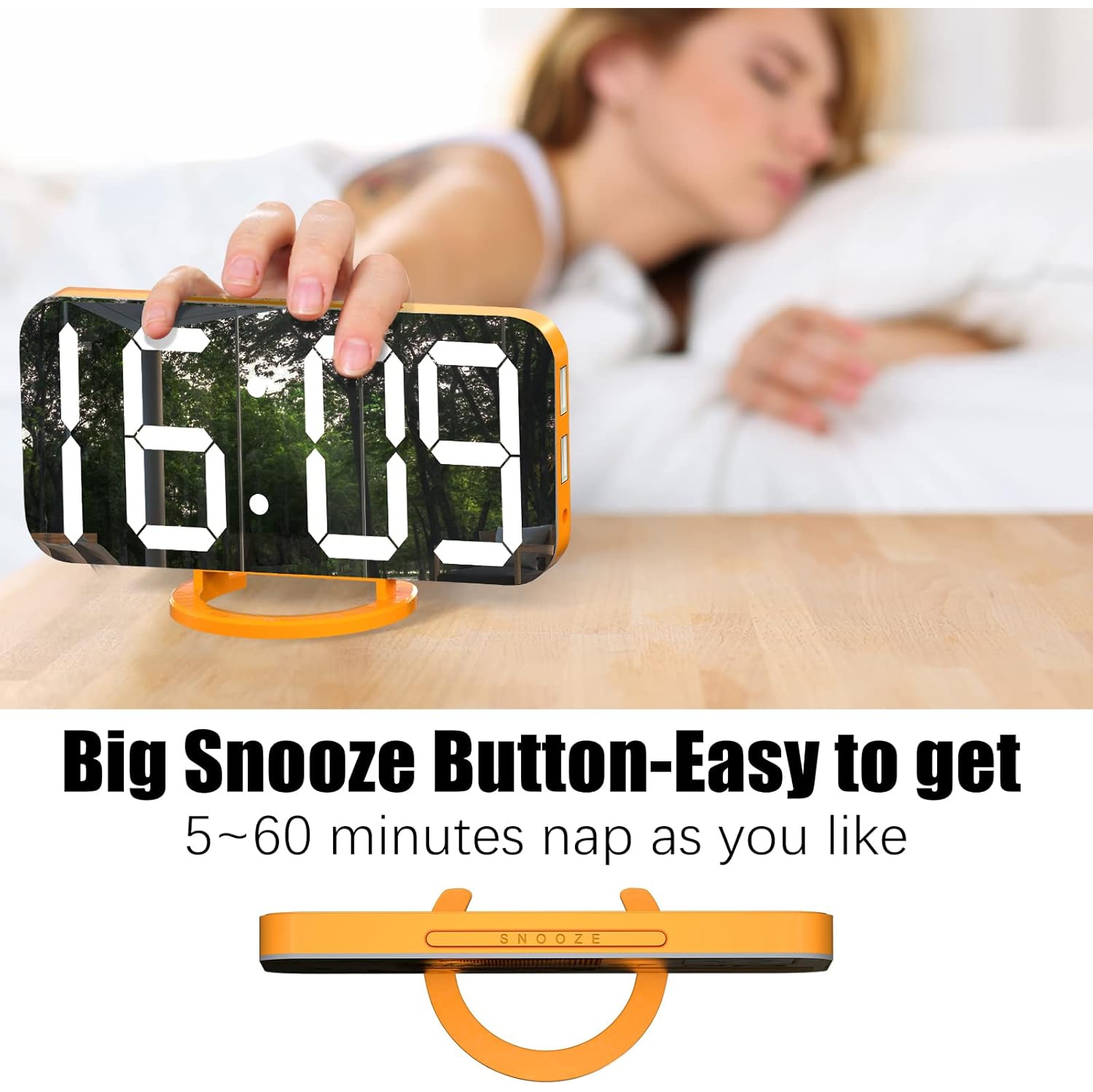 Digital Alarm Clock with USB Charger,Large LED Display, Snooze Function Dim Mode Wall Hanging Beside Desk Clock for Bedroom,Orange