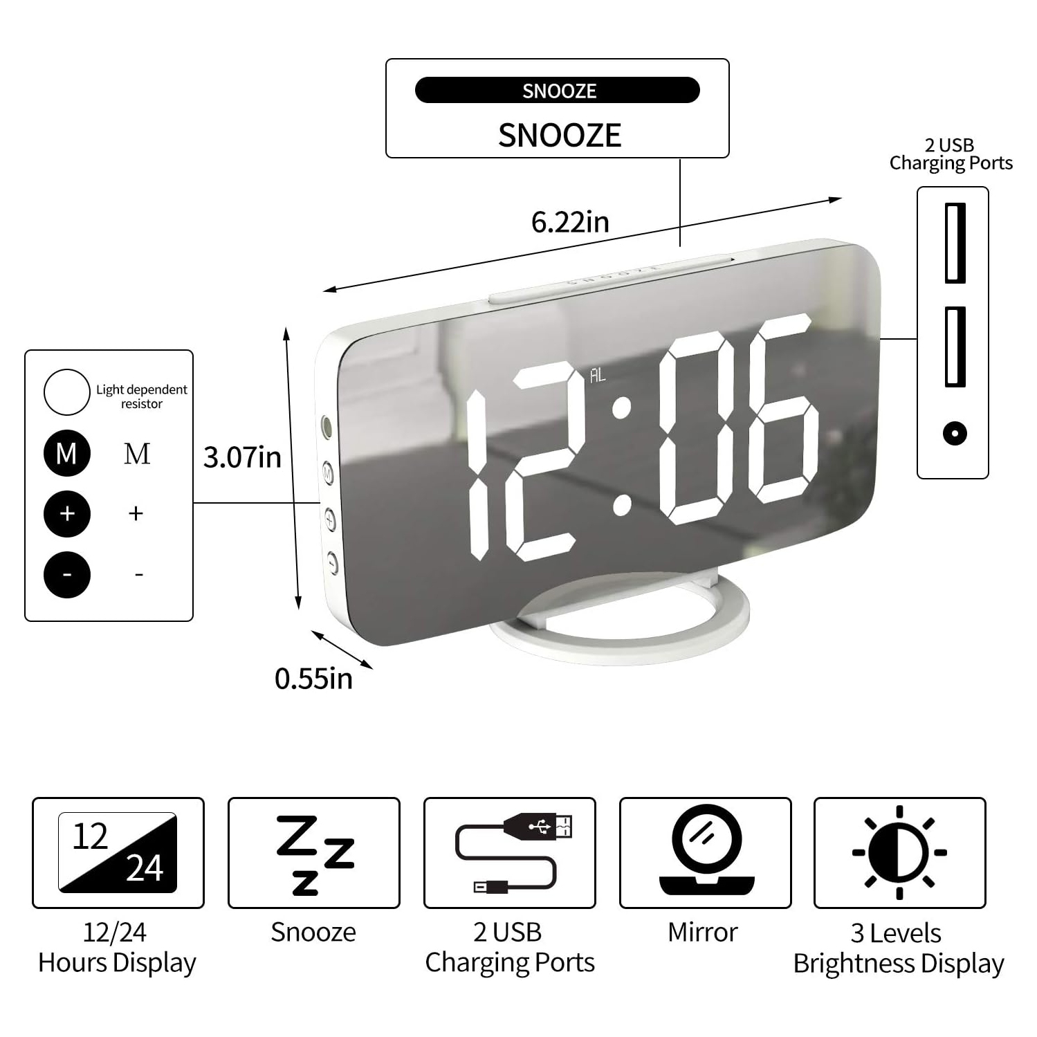 Réveille-matin numérique avec chargeur USB, grand écran DEL, fonction de rappel d'alarme Mur suspendu à côté de l'horloge de bureau pour chambre,