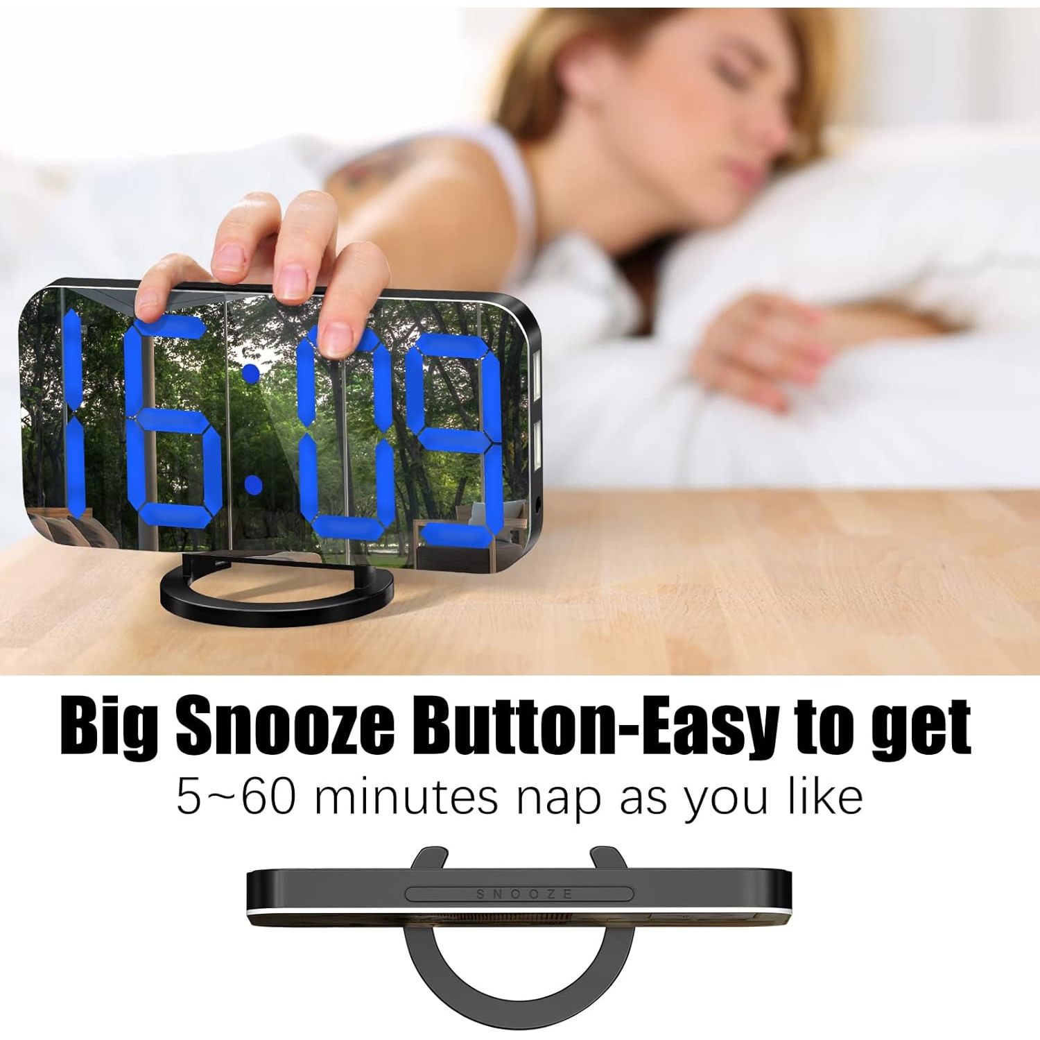 Digital Alarm Clock with USB Charger,Large LED Display, Snooze Function Dim Mode Wall Hanging Beside Desk Clock for Bedroom,Black-blue