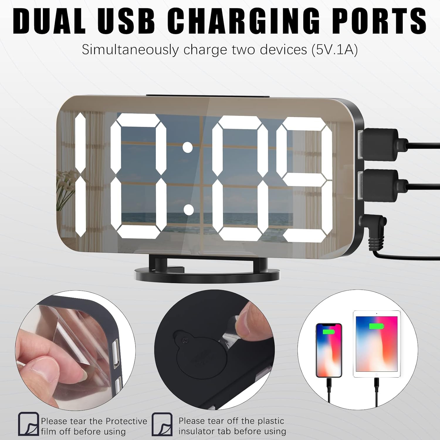 Digital Alarm Clock with USB Charger,Large LED Display, Snooze Function Dim Mode Wall Hanging Beside Desk Clock for Bedroom,Black