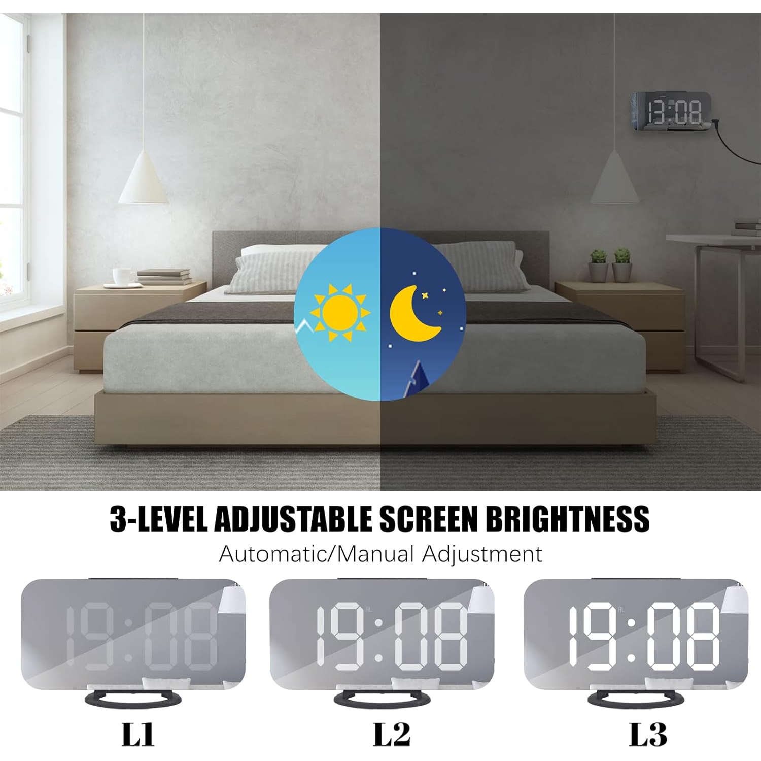 Digital Alarm Clock with USB Charger,Large LED Display, Snooze Function Dim Mode Wall Hanging Beside Desk Clock for Bedroom,Black