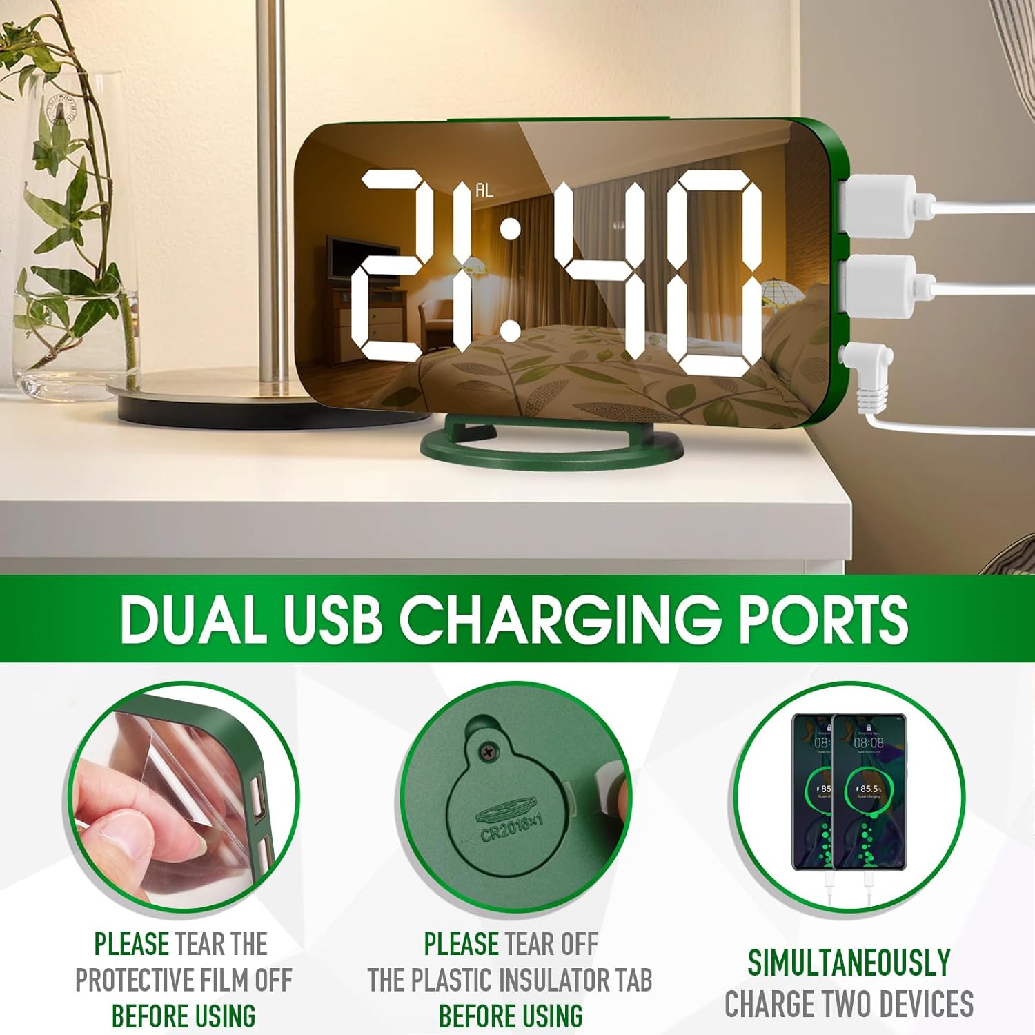 Réveille-matin numérique avec chargeur USB, grand écran DEL, fonction de rappel d'alarme, mur à suspendre à côté de l'horloge de bureau pour chambre