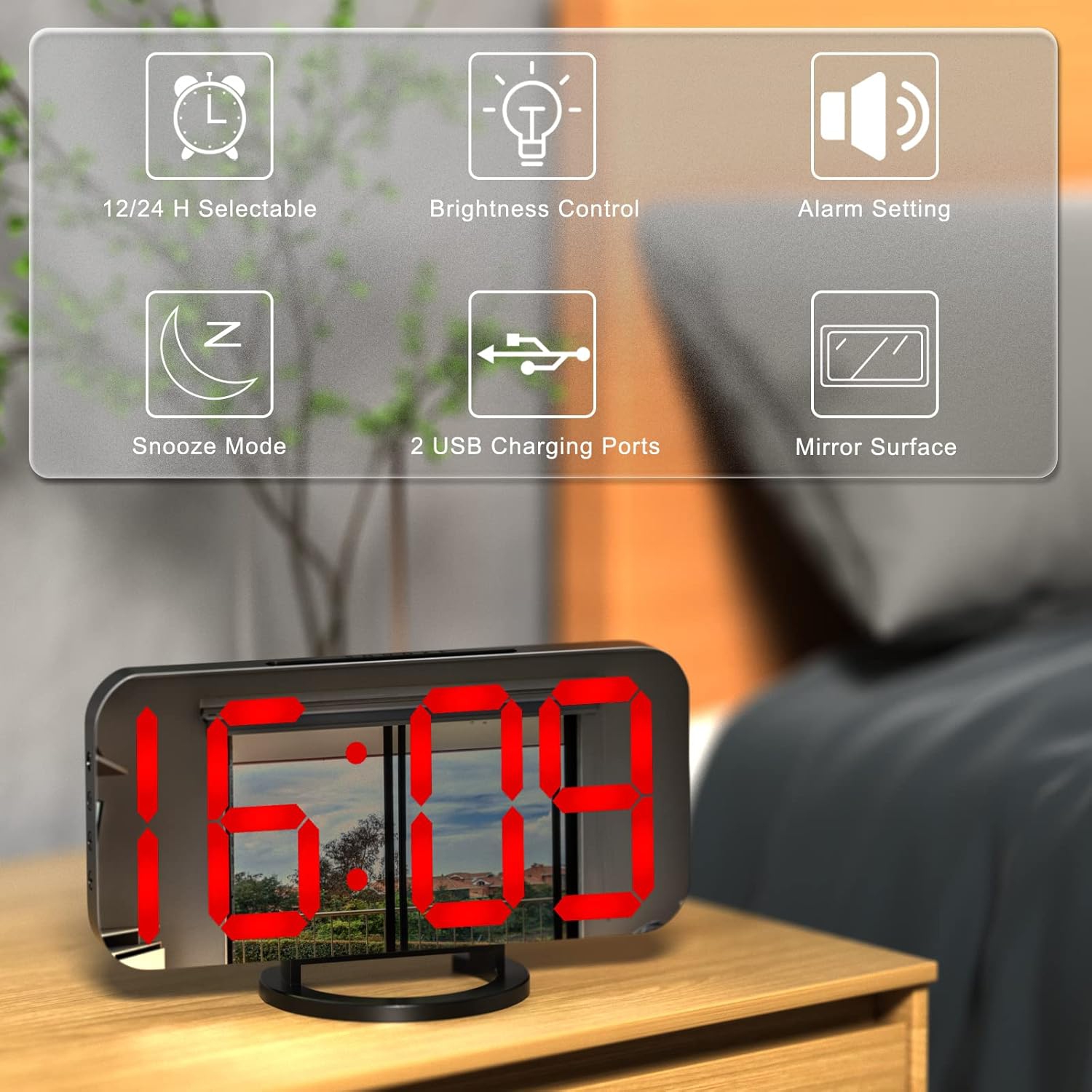 Digital Alarm Clock with USB Charger,Large LED Display, Snooze Function Dim Mode Wall Hanging Beside Desk Clock for Bedroom,Black-red