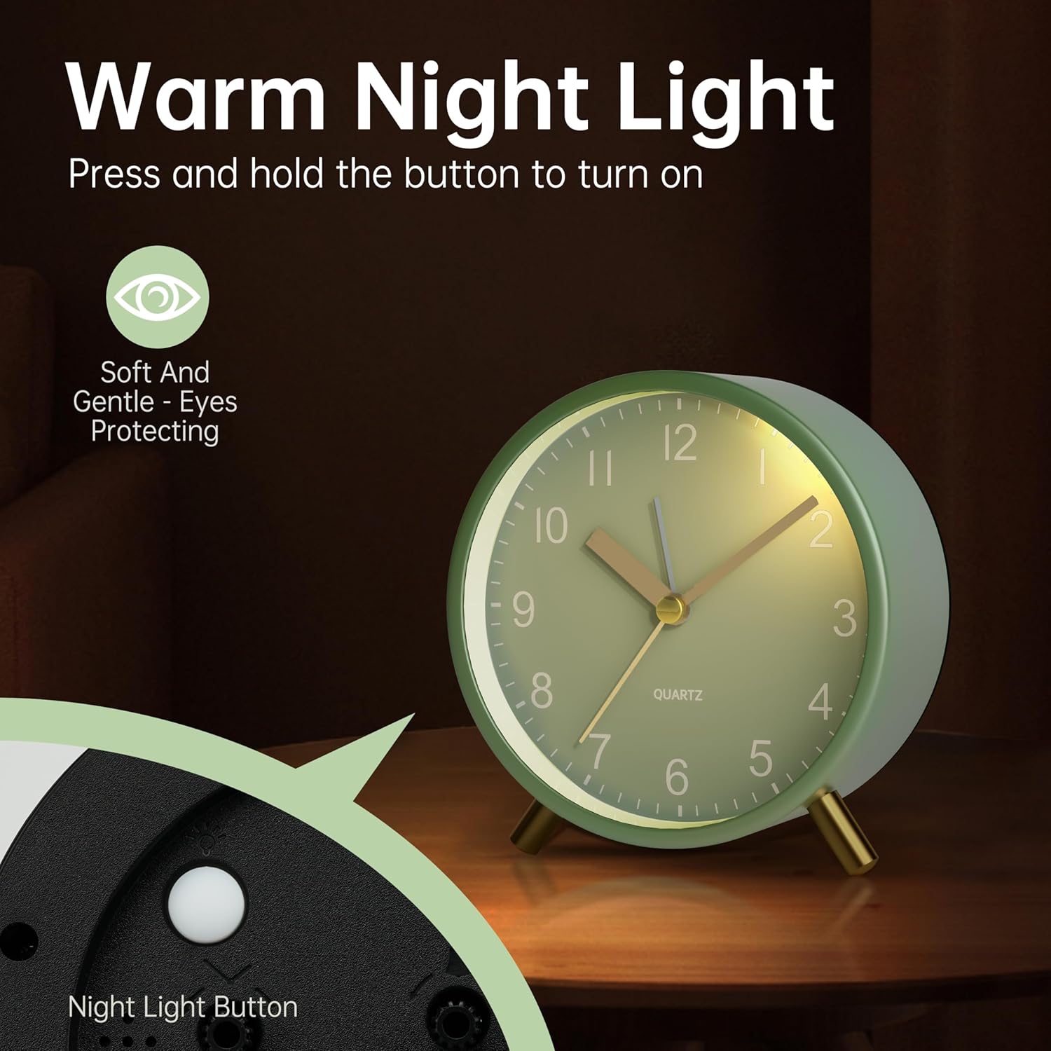 4 inch Super Silent Non Ticking Small Alarm Clock with Night Light, Battery Operated, Old Fashioned Style Black Decor, for Bedroom, Adult, Kid,Green