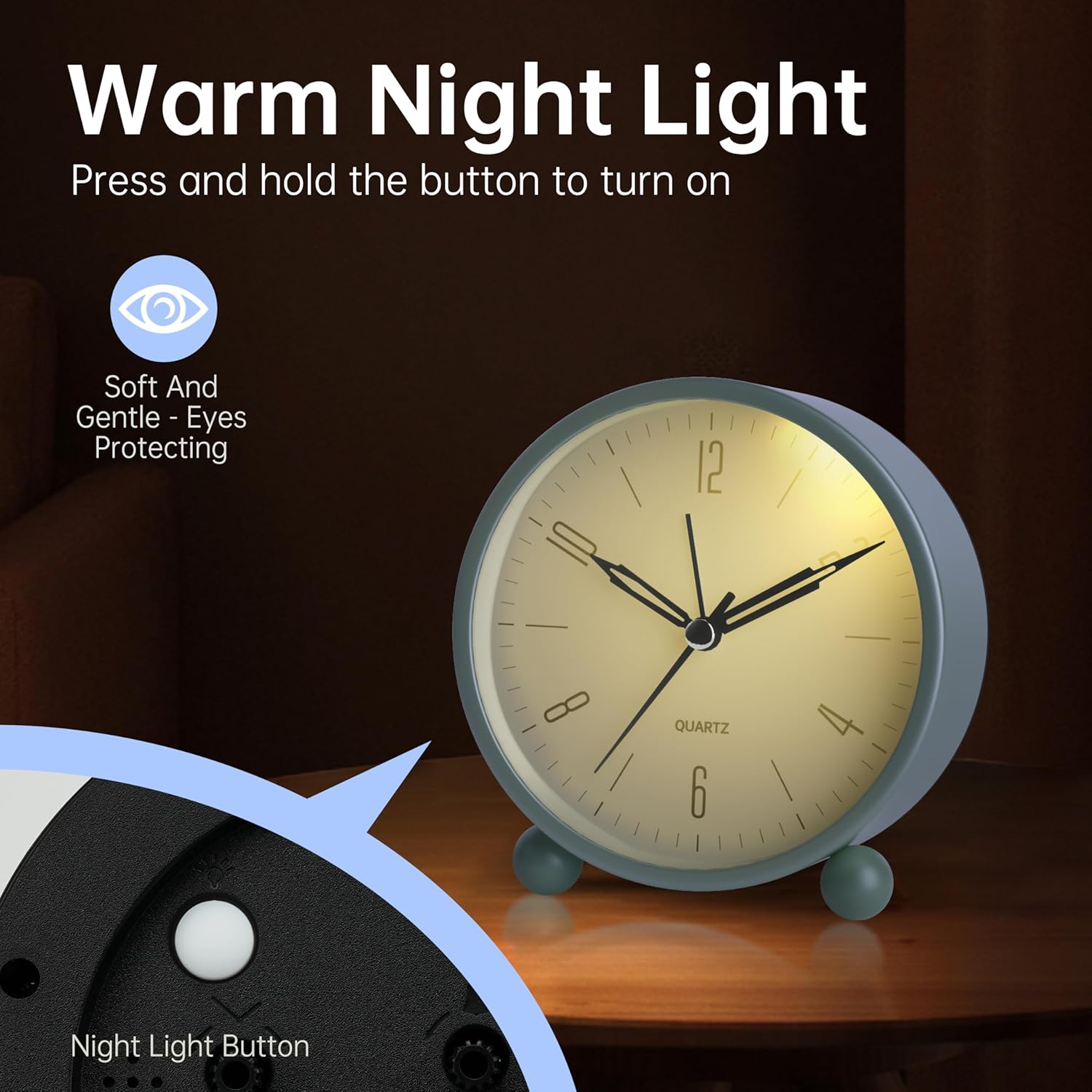 4 inch Super Silent Non Ticking Small Alarm Clock with Night Light, Battery Operated, Old Fashioned Style Black Decor, for Bedroom, Adult, Kid,Skyblue