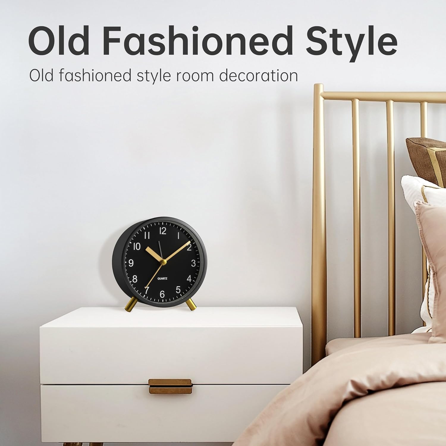 4 inch Super Silent Non Ticking Small Alarm Clock with Night Light, Battery Operated, Old Fashioned Style Black Decor, for Bedroom, Adult, Kid,Black