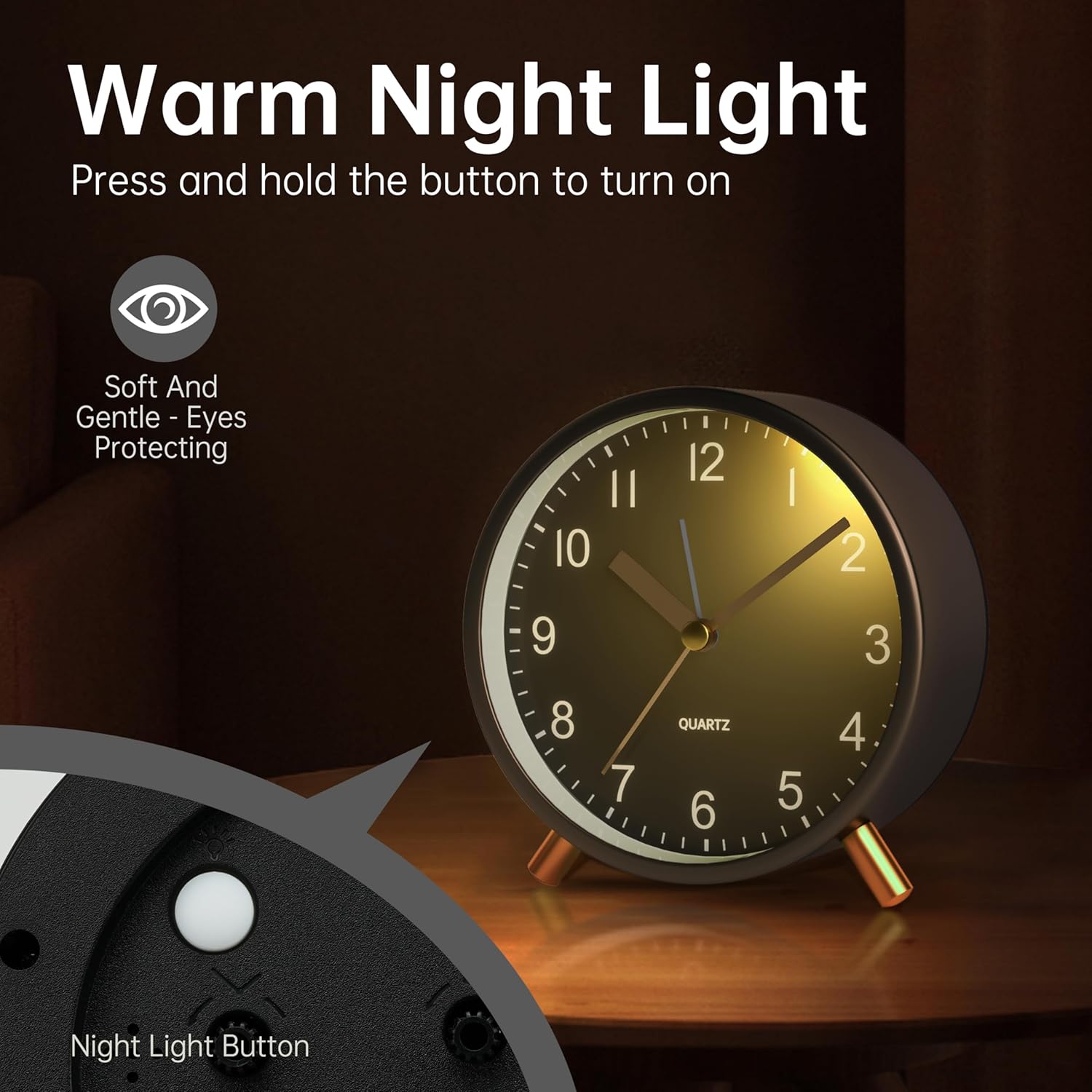 4 inch Super Silent Non Ticking Small Alarm Clock with Night Light, Battery Operated, Old Fashioned Style Black Decor, for Bedroom, Adult, Kid,Black