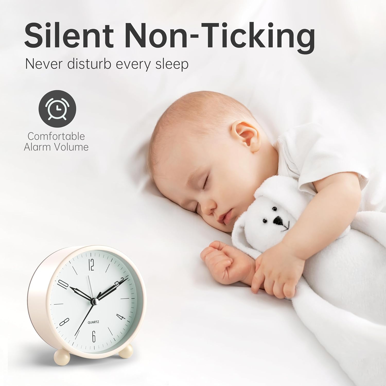 4 inch Super Silent Non Ticking Small Alarm Clock with Night Light, Battery Operated, Old Fashioned Style Black Decor, for Bedroom, Adult, Kid,White