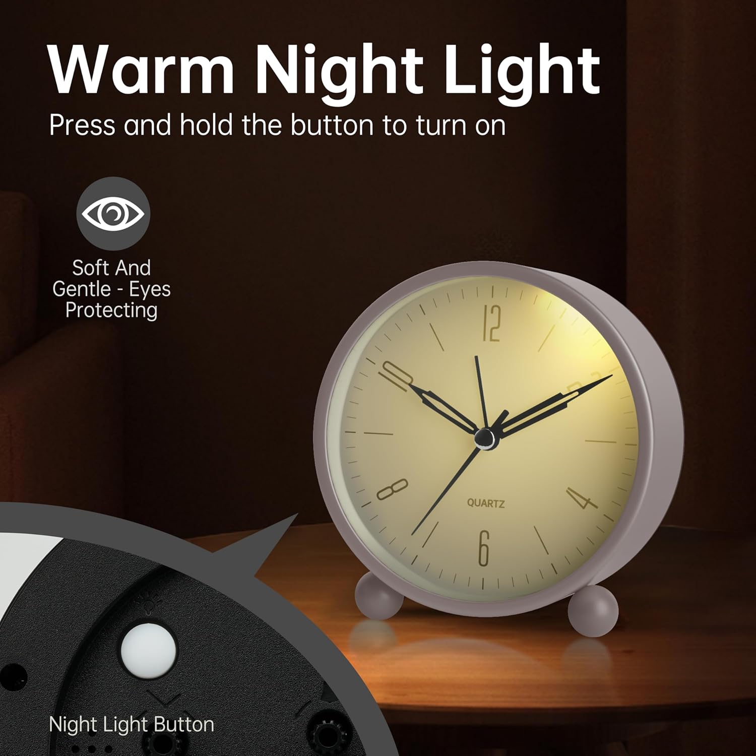 4 inch Super Silent Non Ticking Small Alarm Clock with Night Light, Battery Operated, Old Fashioned Style Black Decor, for Bedroom, Adult, Kid,White