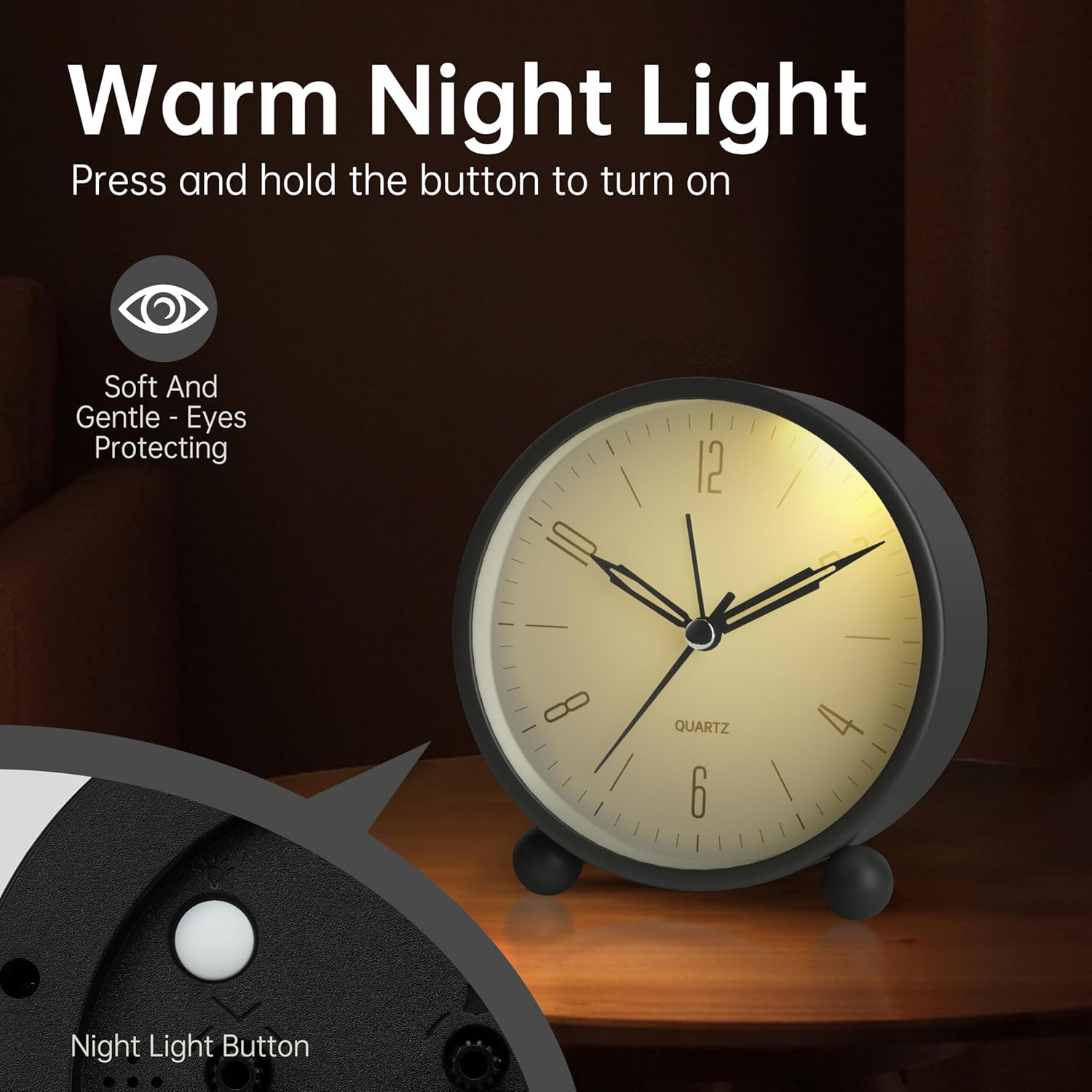 4 inch Super Silent Non Ticking Small Alarm Clock with Night Light, Battery Operated, Old Fashioned Style Black Decor, for Bedroom, Adult, Kid,Black