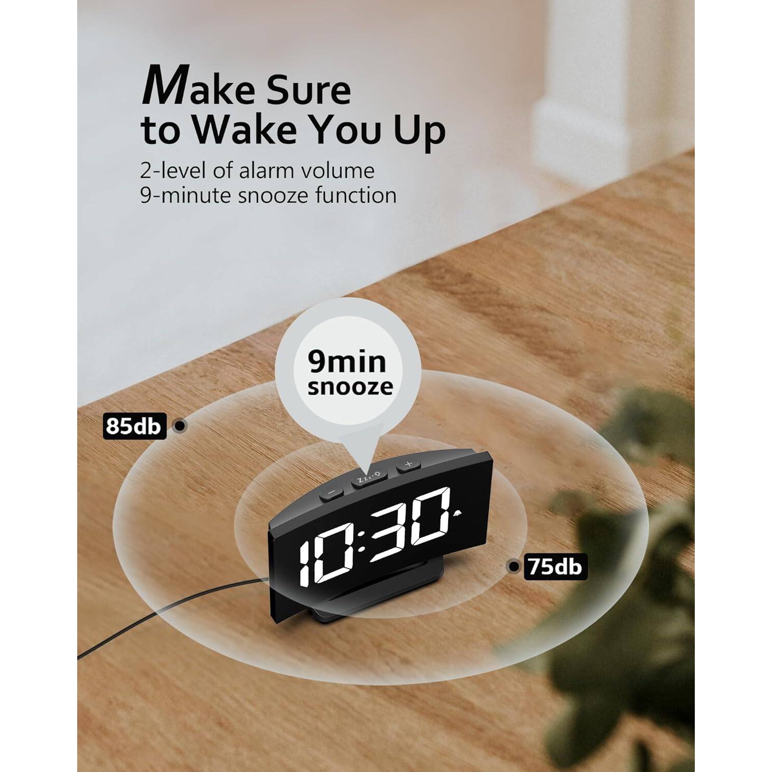 Réveil numérique Réveil de chevet pour chambre à coucher, chiffres DEL blancs 5 niveaux Luminosité + Désactivation, 2 volume, 3 tonalités d'alarme,