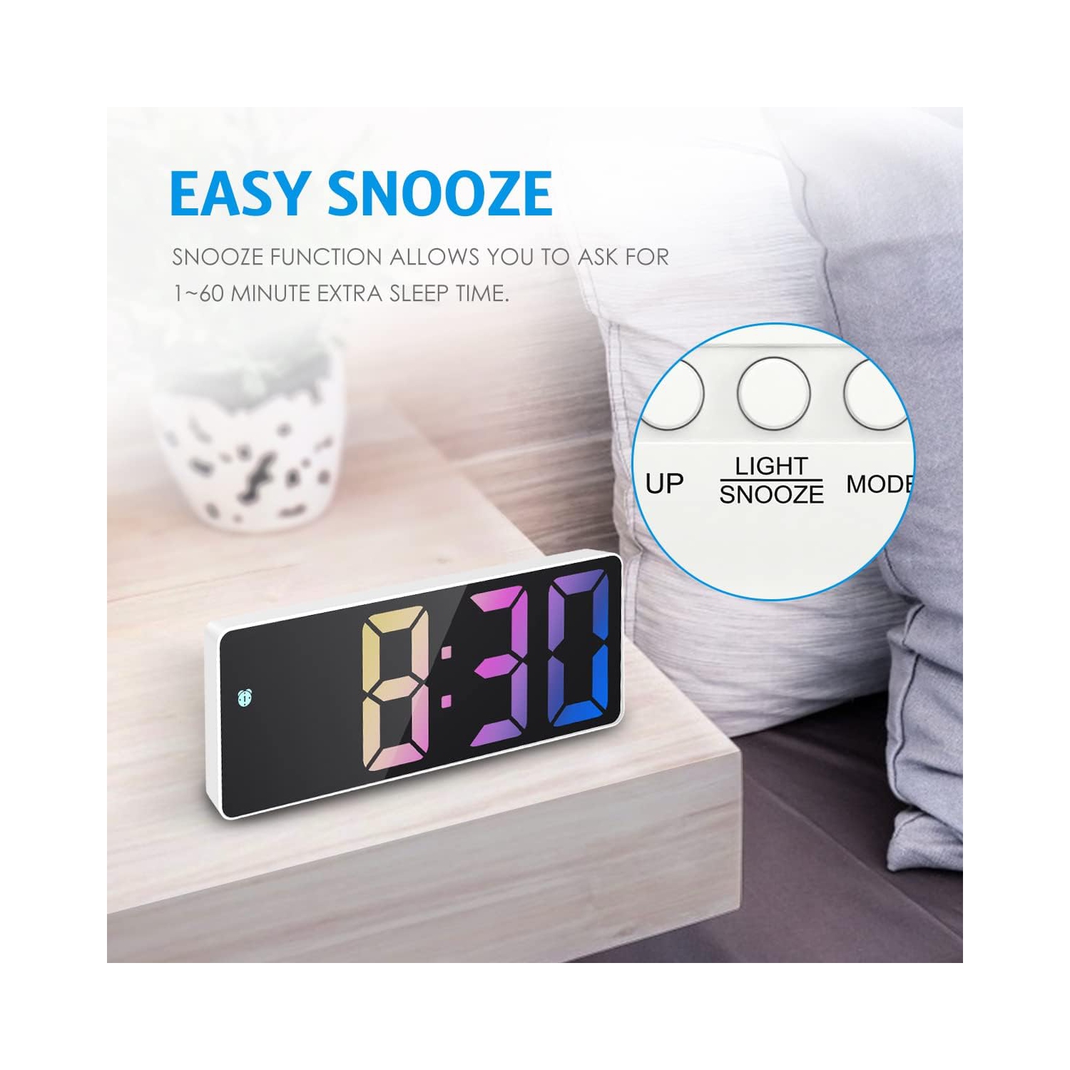 Digital Alarm Clock, LED Clock for Bedroom, Electronic Desktop Clock with Adjustable Brightness, 12/24H Display for Home, Office, White Case With