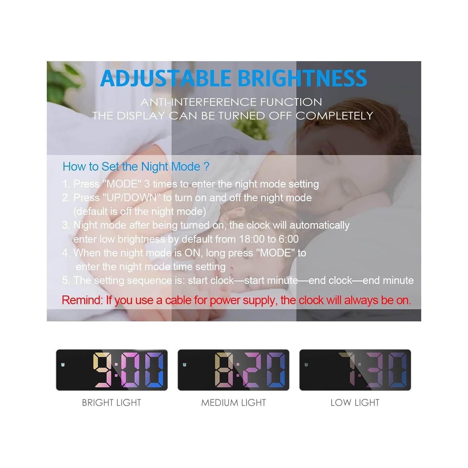 Réveil numérique, horloge DEL pour chambre, horloge électronique de bureau avec luminosité réglable, écran 12/24H pour la maison, le bureau, coloré