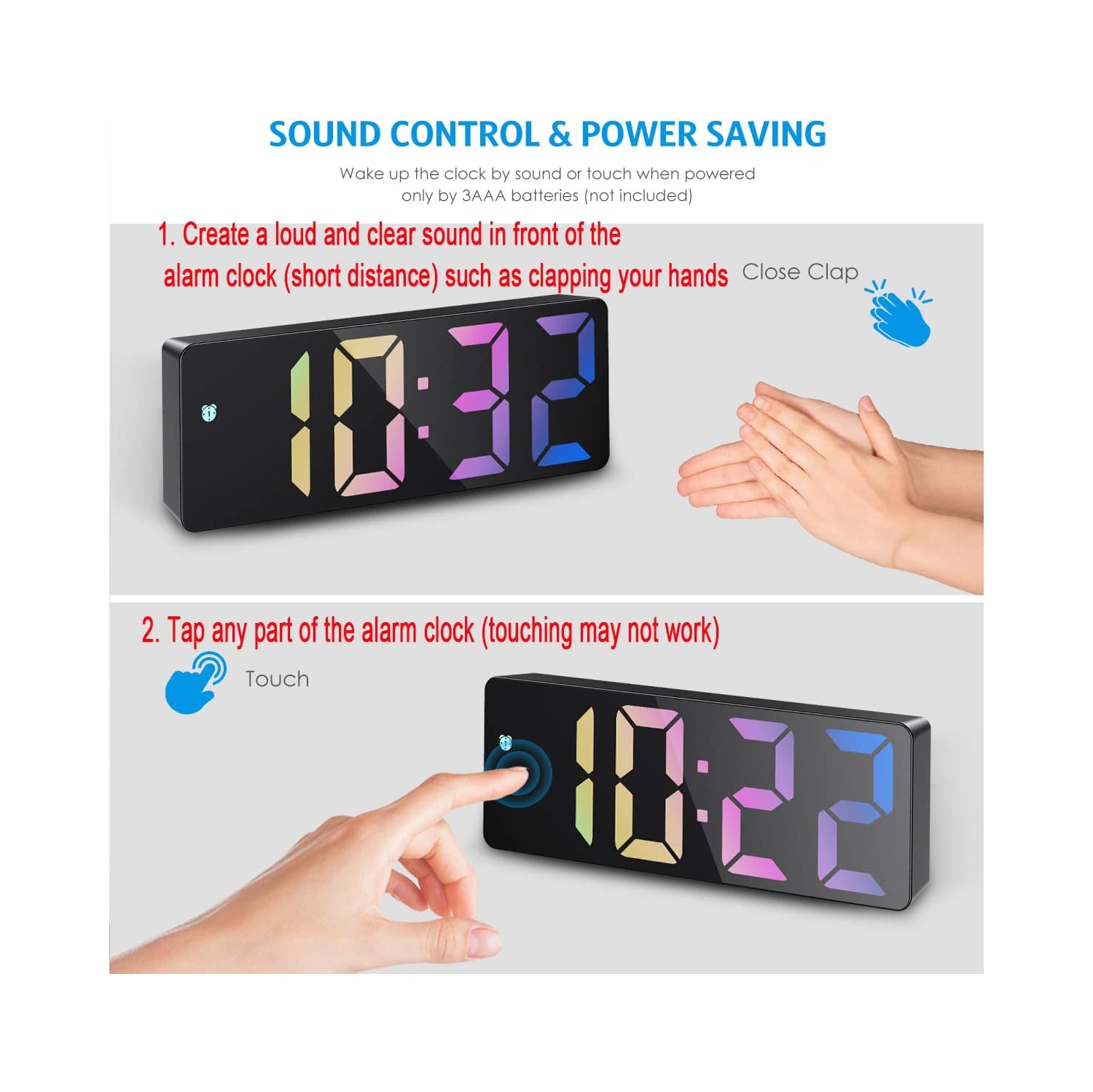 Réveil numérique, horloge DEL pour chambre, horloge électronique de bureau avec luminosité réglable, écran 12/24H pour la maison, le bureau, coloré