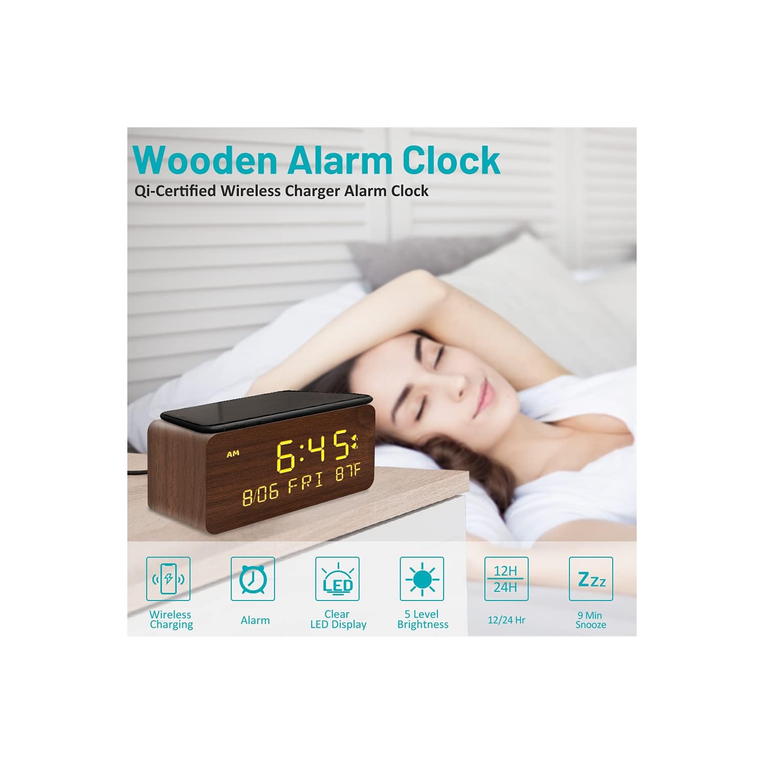 Réveille-matin numérique en bois avec chargement sans fil, gradateur de luminosité réglable et volume d'alarme, réveil DEL en bois pour chambre, brun