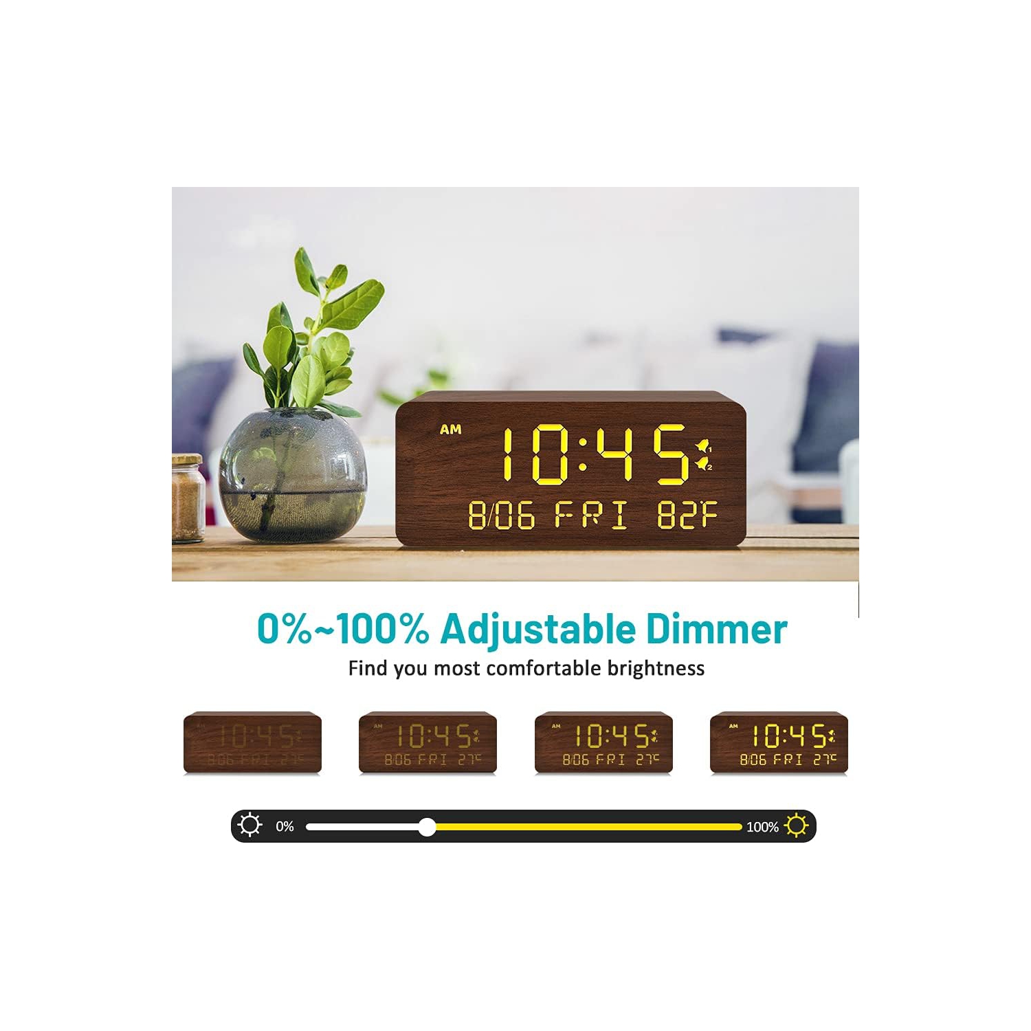 Réveille-matin numérique en bois avec chargement sans fil, gradateur de luminosité réglable et volume d'alarme, réveil DEL en bois pour chambre, brun