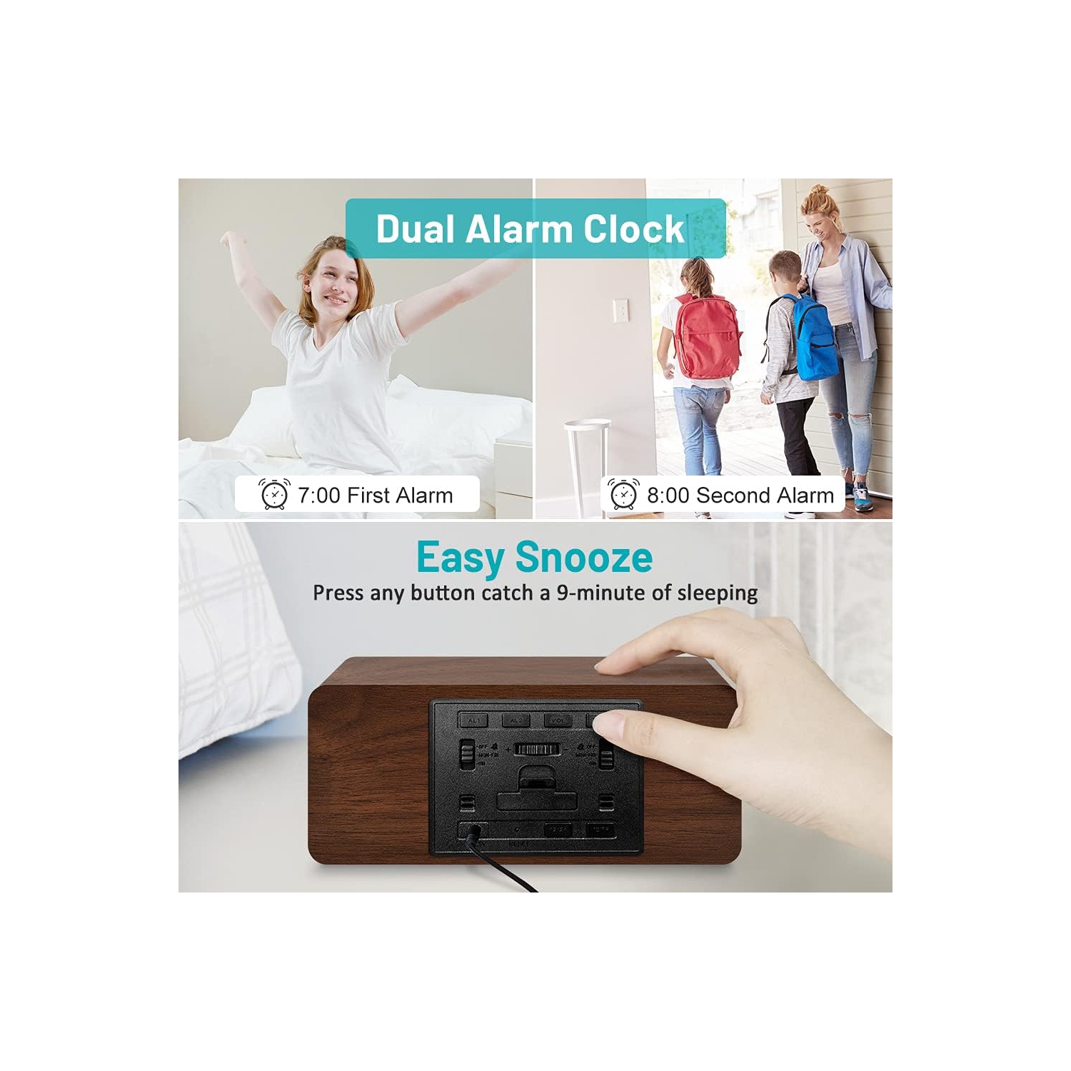 Réveille-matin numérique en bois avec chargement sans fil, gradateur de luminosité réglable et volume d'alarme, réveil DEL en bois pour chambre, brun