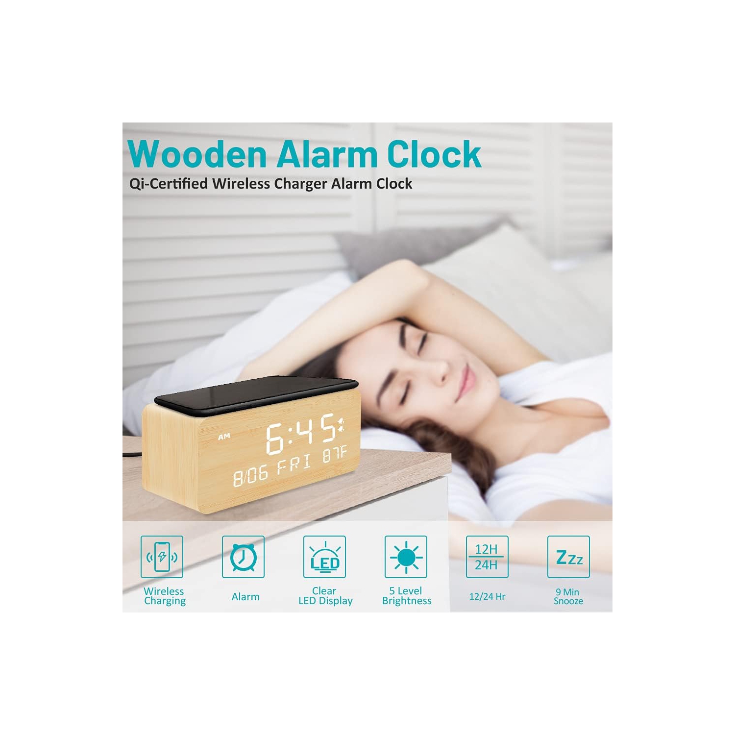 Réveille-matin numérique en bois avec chargement sans fil, gradateur de luminosité réglable et volume d'alarme, horloge DEL en bois pour chambre,