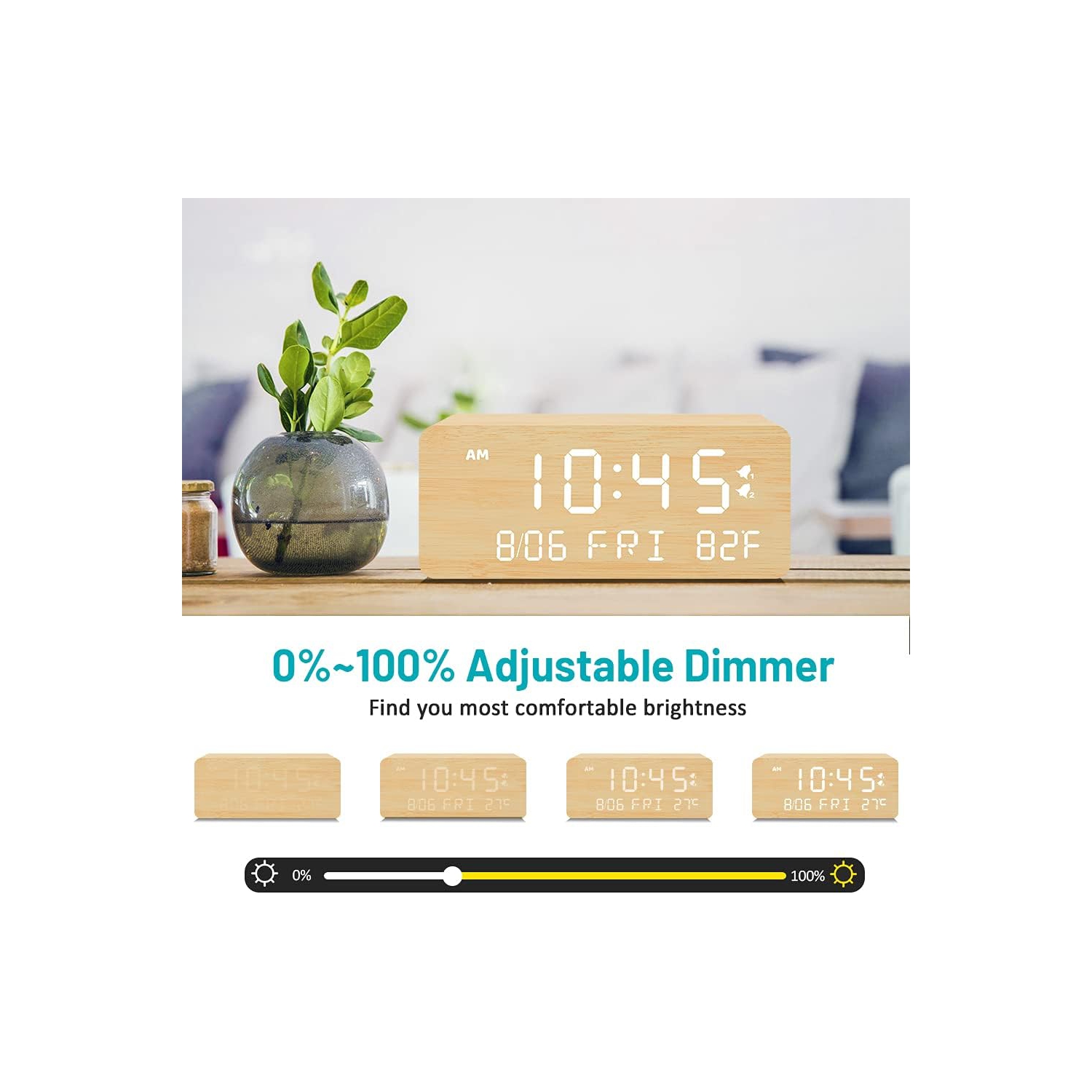 Réveille-matin numérique en bois avec chargement sans fil, gradateur de luminosité réglable et volume d'alarme, horloge DEL en bois pour chambre,