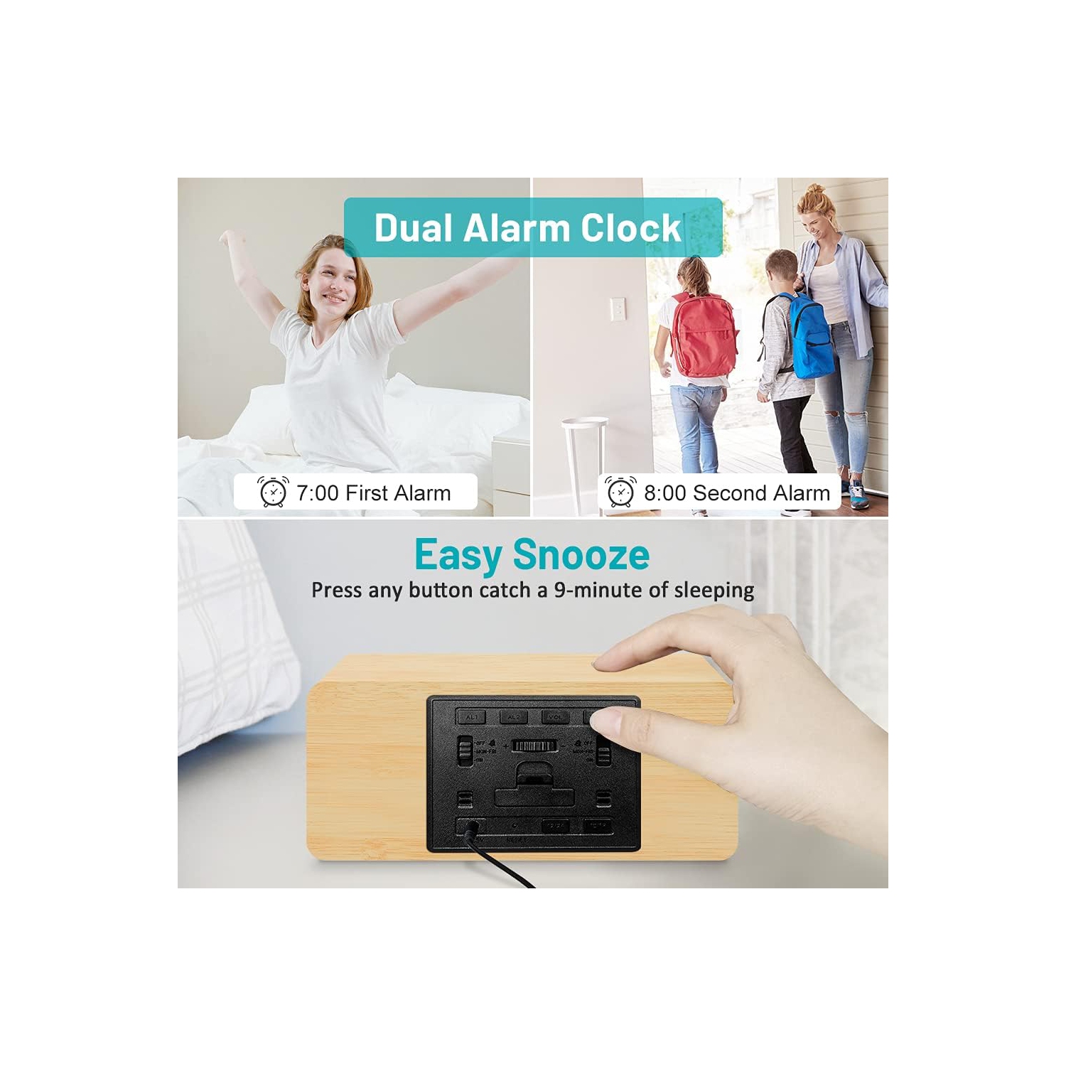 Réveille-matin numérique en bois avec chargement sans fil, gradateur de luminosité réglable et volume d'alarme, horloge DEL en bois pour chambre,