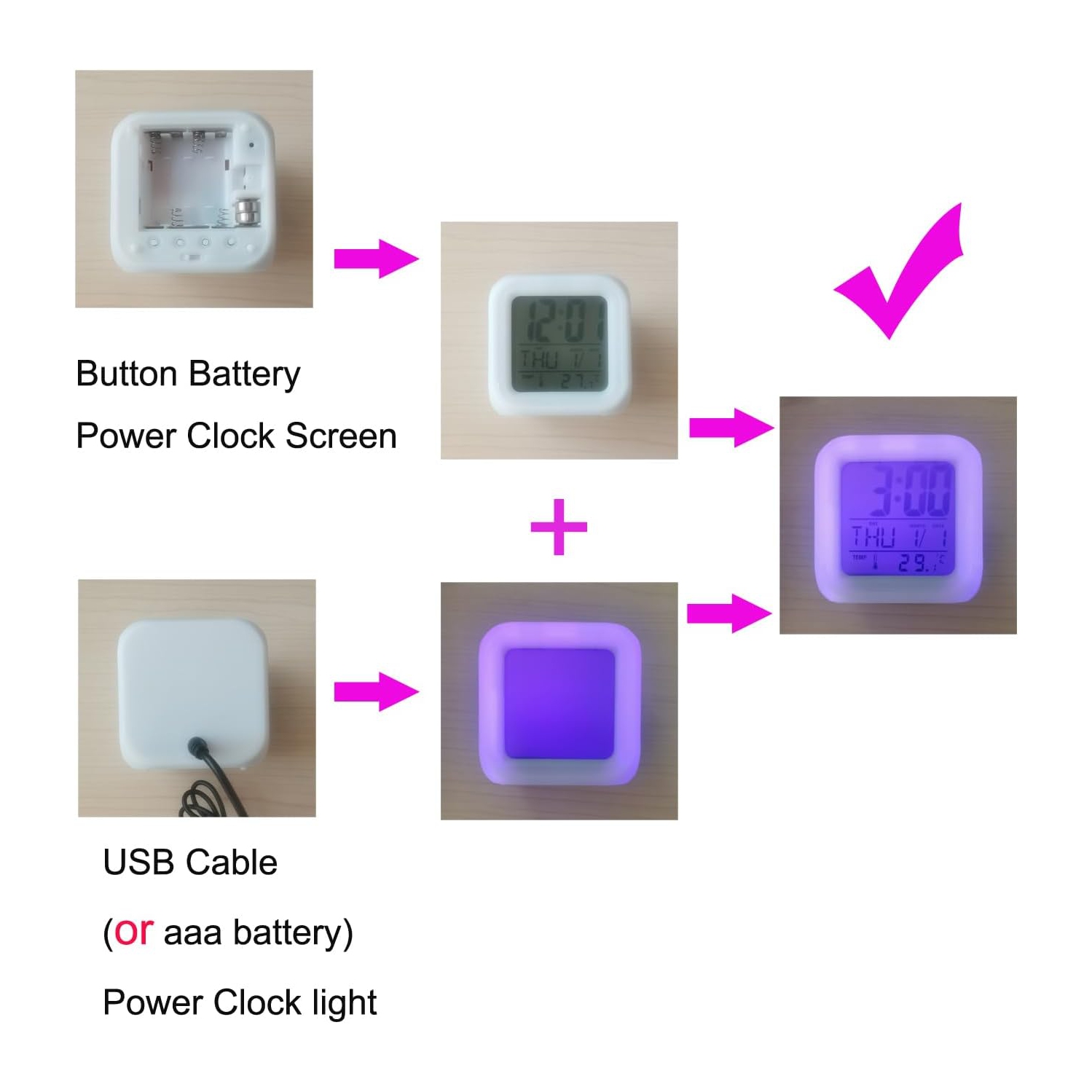 Petit réveille-matin à DEL animé numérique 7 couleurs de 3&nbsp;po pour chambre d'enfant