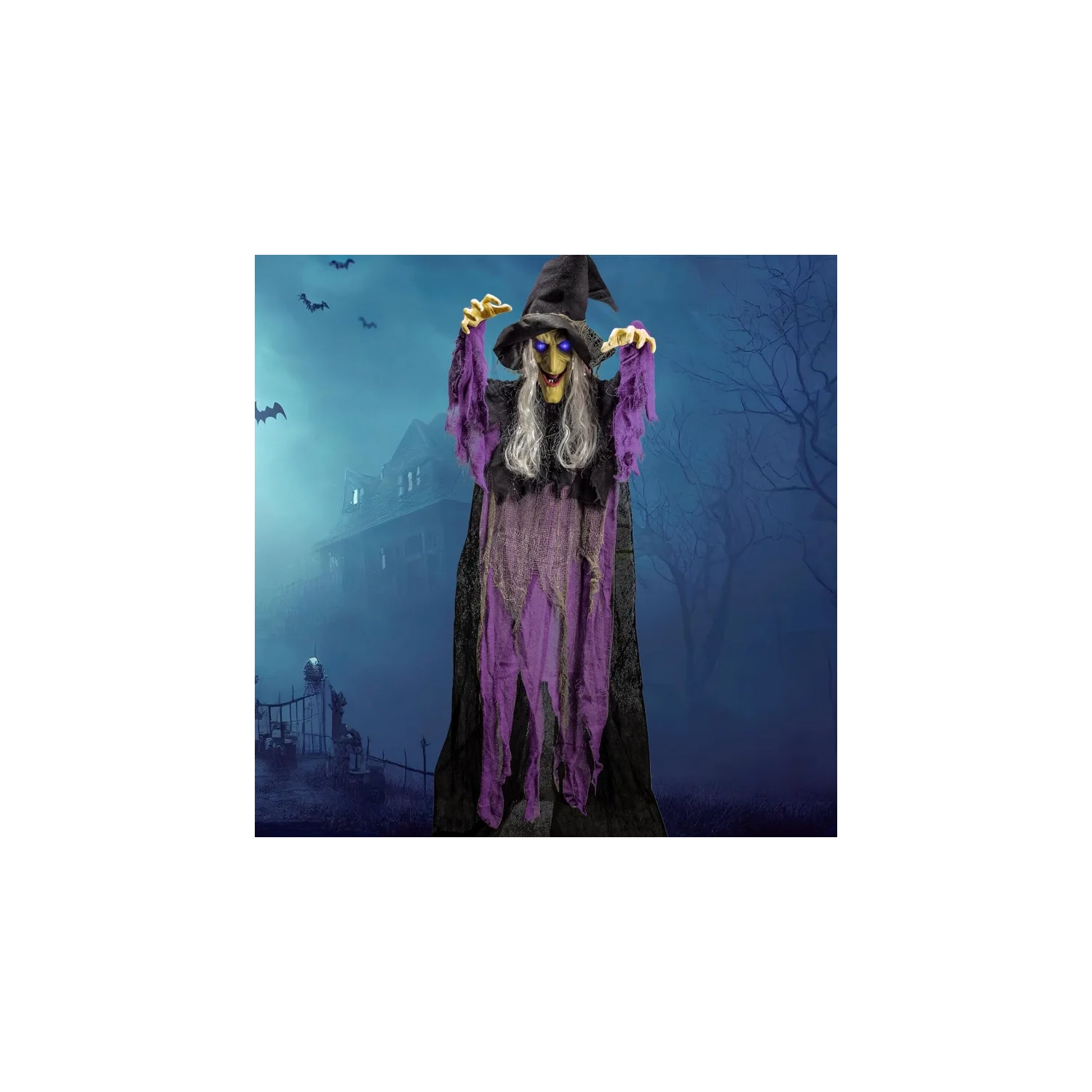 Animo-tronique de la sorcière volante suspendue de 72&nbsp;po – Parlant, activé par le son avec des yeux lumineux, décoration d'Halloween pour