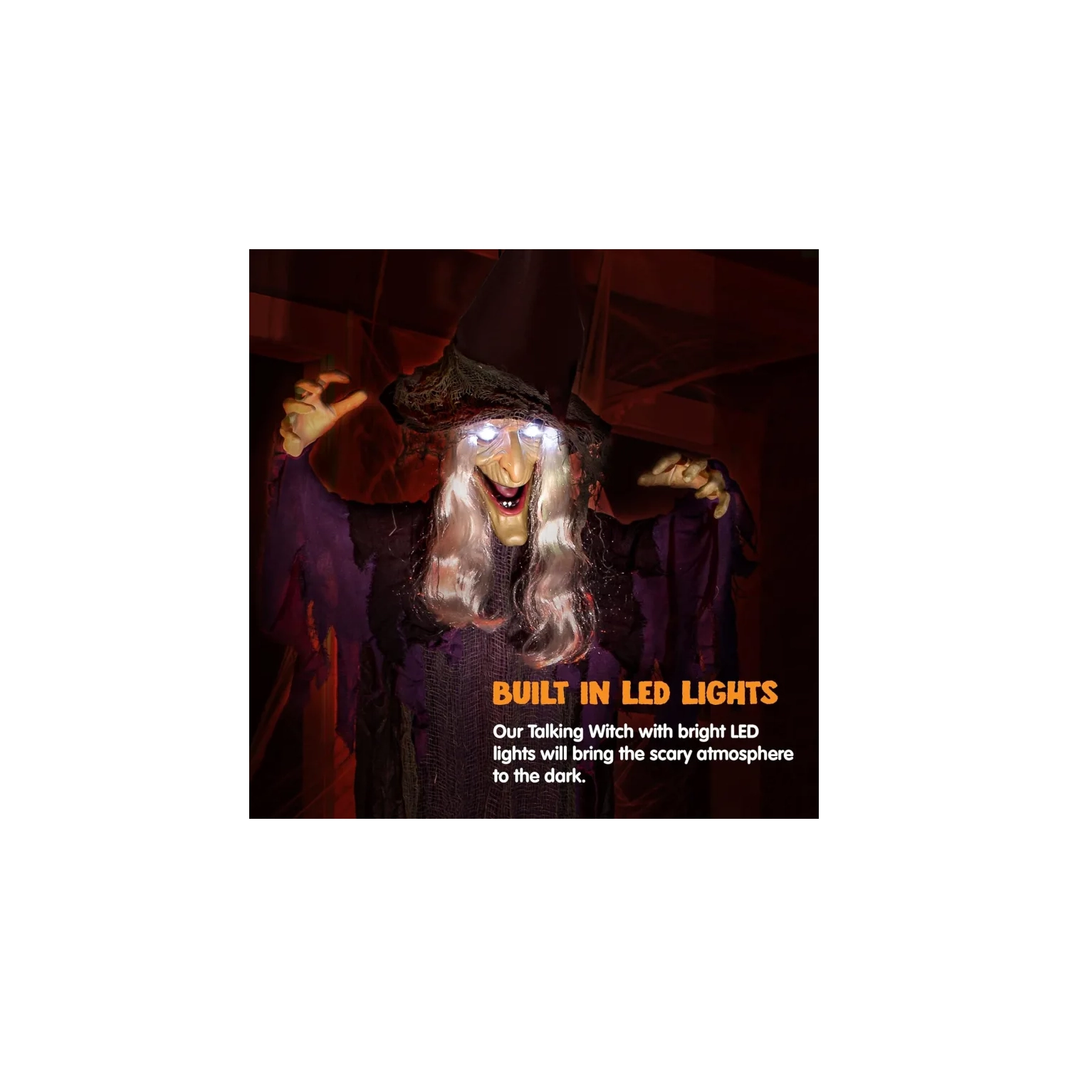 Animo-tronique de la sorcière volante suspendue de 72 po – Parlant, activé par le son avec des yeux lumineux, décoration d'Halloween pour