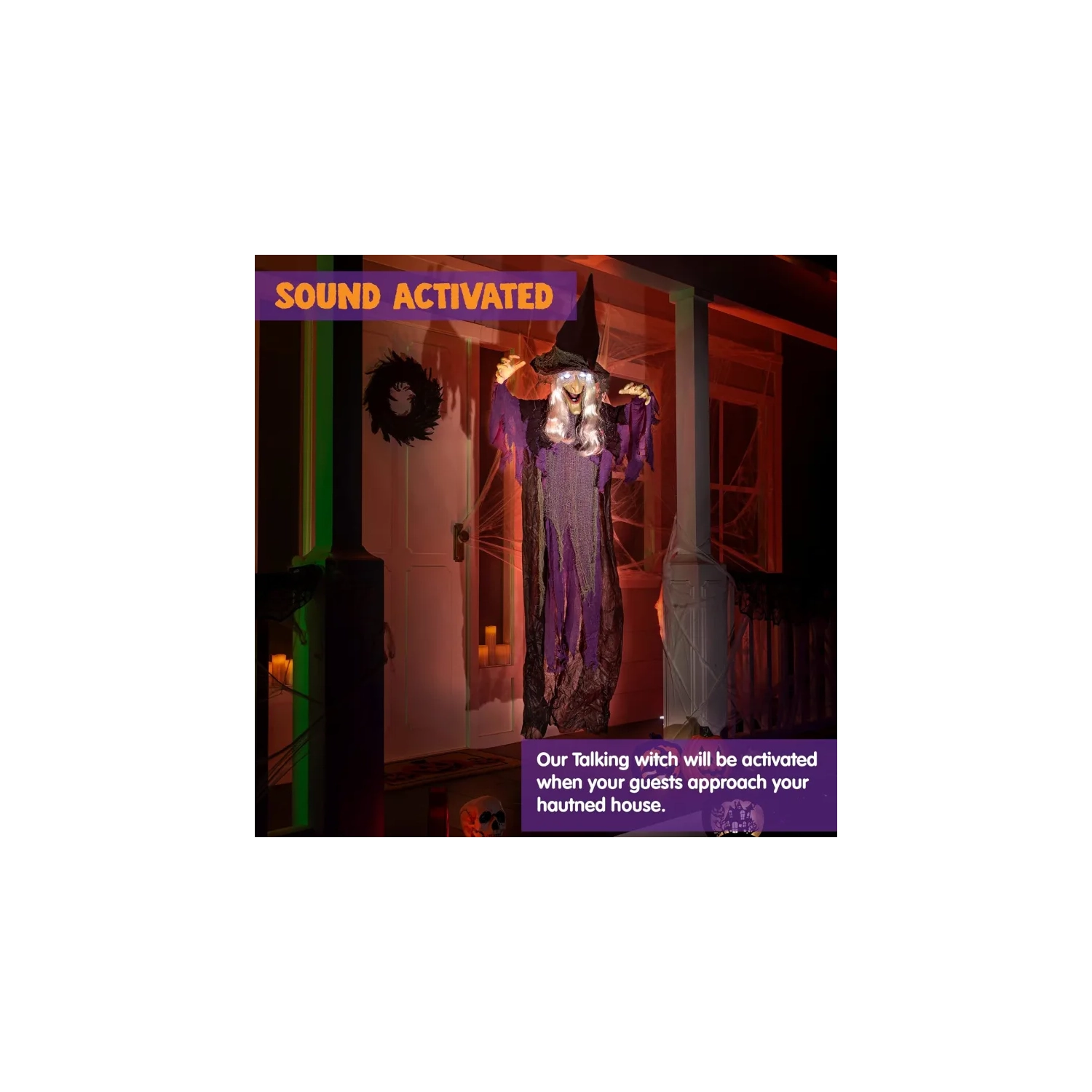 Animo-tronique de la sorcière volante suspendue de 72 po – Parlant, activé par le son avec des yeux lumineux, décoration d'Halloween pour