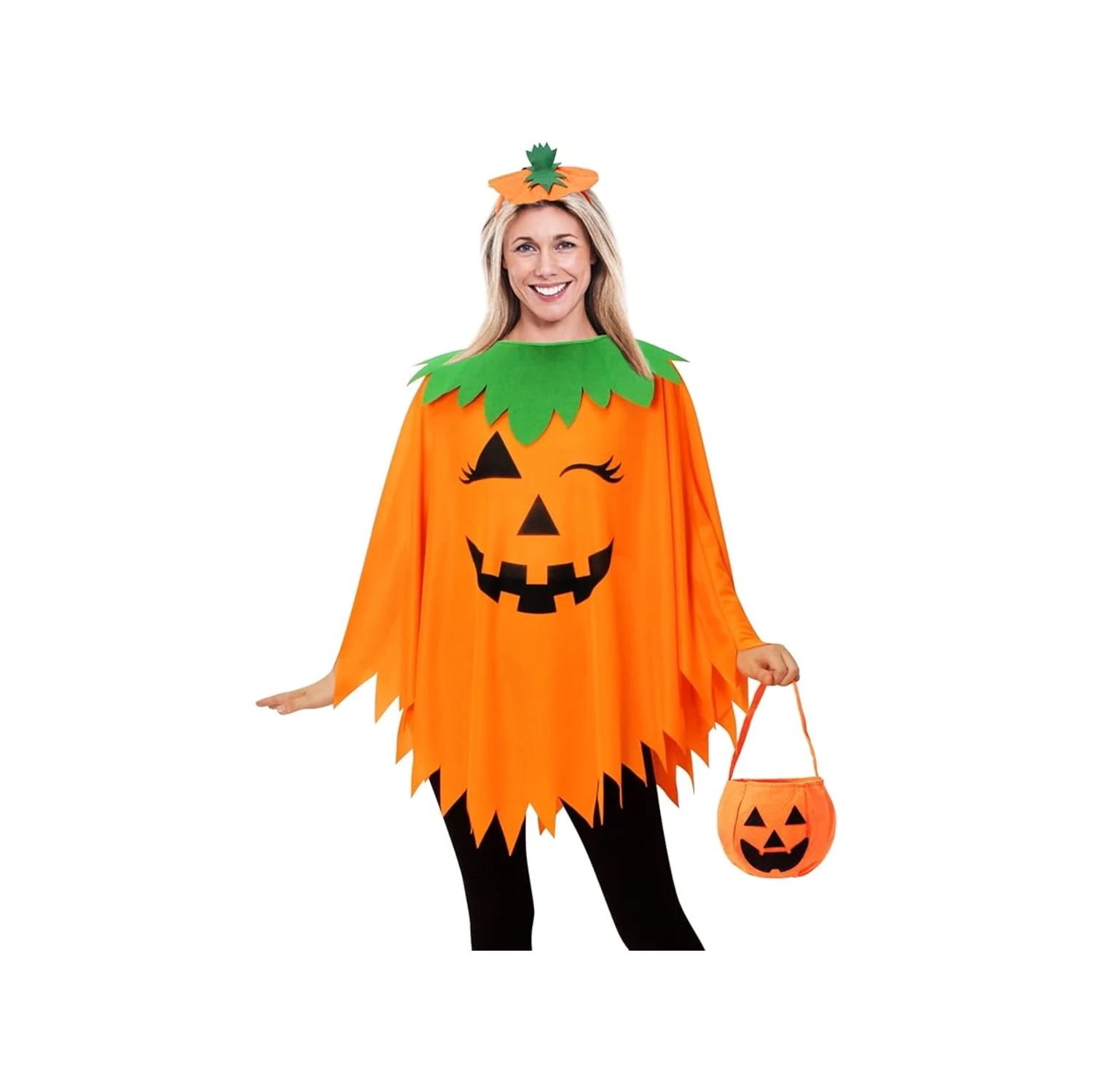 3PCS Costume de citrouille d'Halloween pour femmes – Comprend poncho, bandeau et sac pour adultes